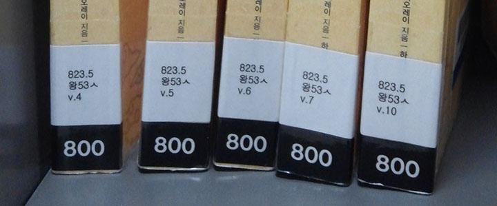 A classification number attached separately at the very bottom of a book's spine