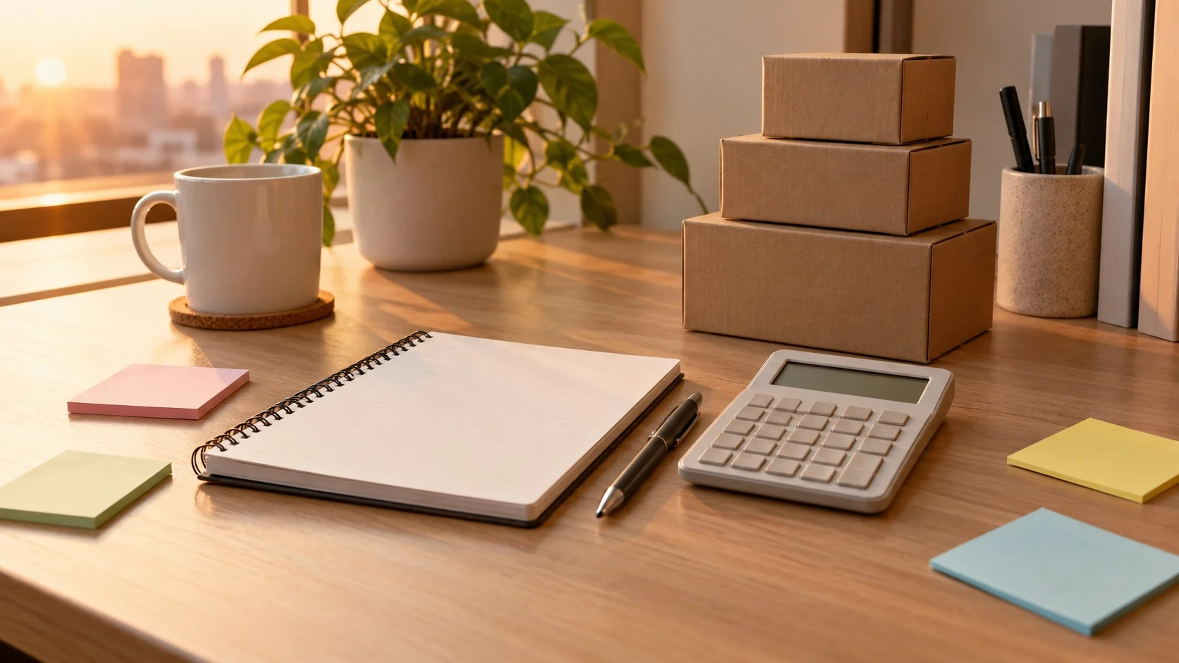 A bright desk with a calculator, a notepad, and a small box model, as if someone were weighing an order quantity
