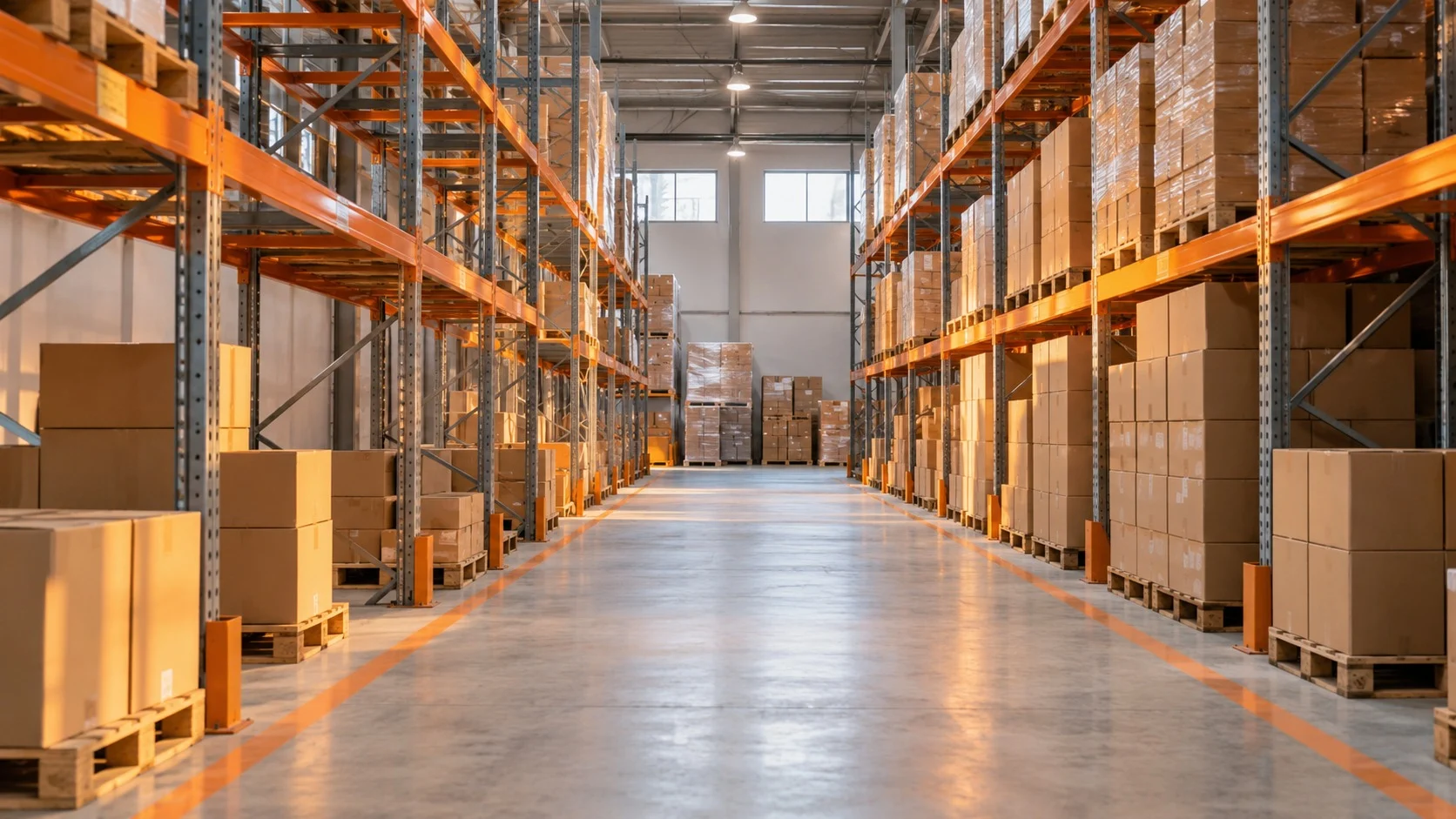 Stacks of boxes of different heights between warehouse racks, hinting at the contrast between ordering too little and too much
