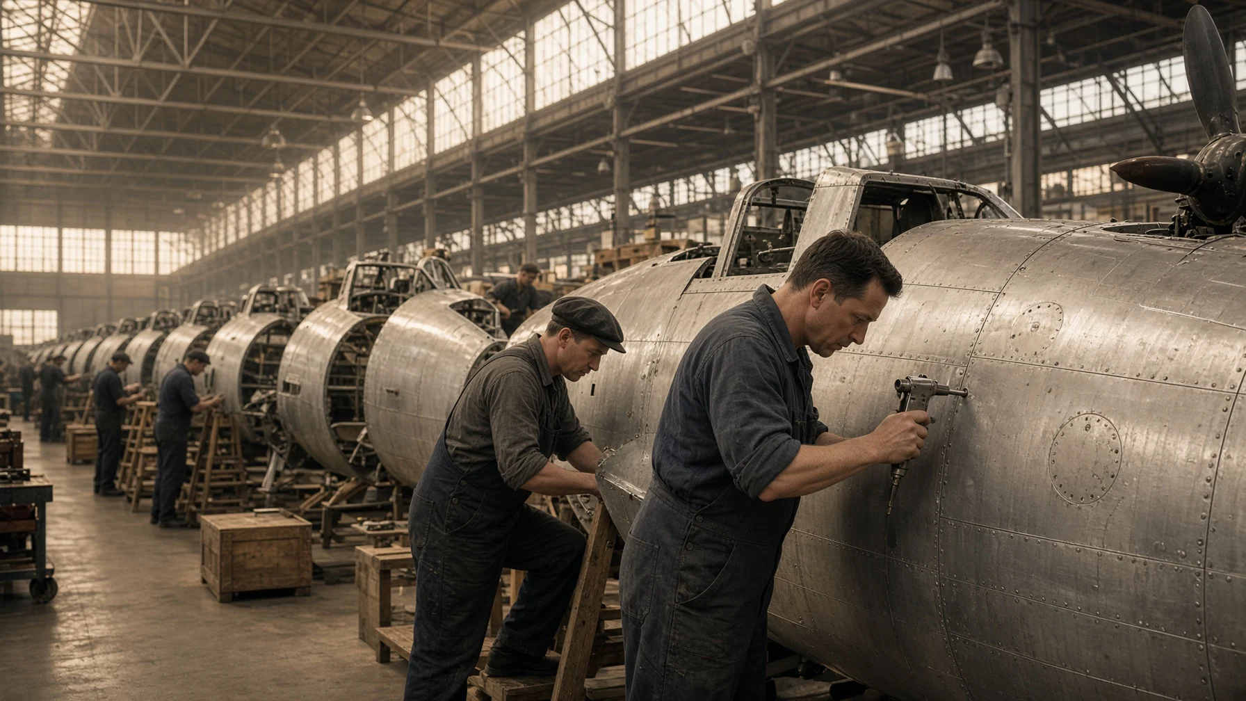 In a spacious 1930s-style aircraft factory, technicians in work clothes drive rivets into the fuselage of a propeller plane, while identical planes under assembly stand in rows behind them