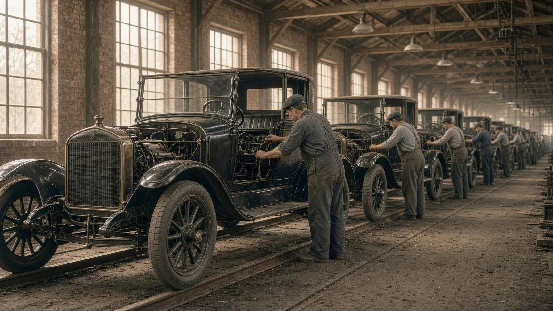 On a moving assembly line inside a 1910s brick factory, identical black early automobiles with spoked wheels move along in a long row, while workers in caps and work clothes attach parts