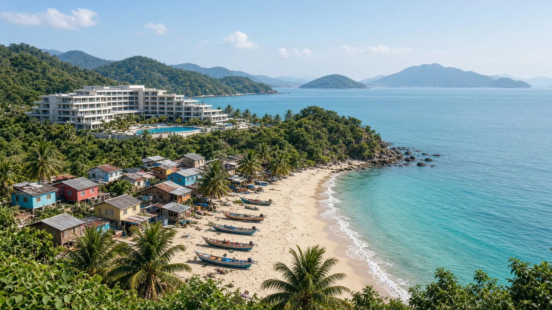 A coastline on a tropical island with a large modern resort, small village houses beside it, and fishing boats pulled up on the sand