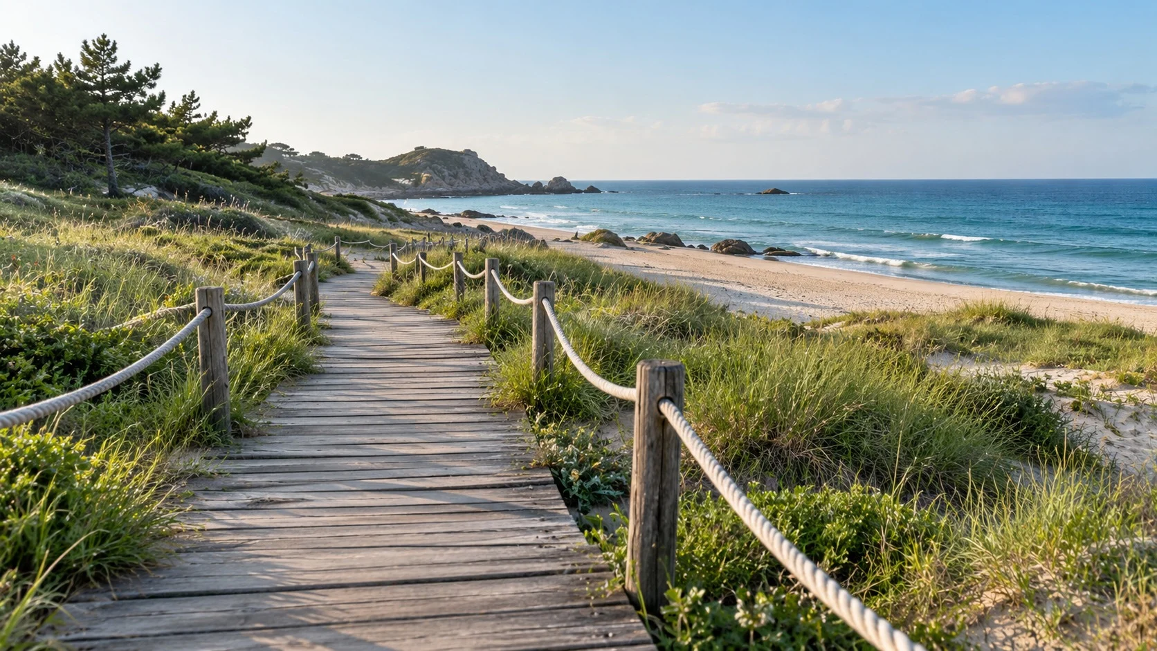 A wooden boardwalk and rope guide lines crossing coastal dunes and grass under morning sunlight, showing how ecological carrying capacity is protected