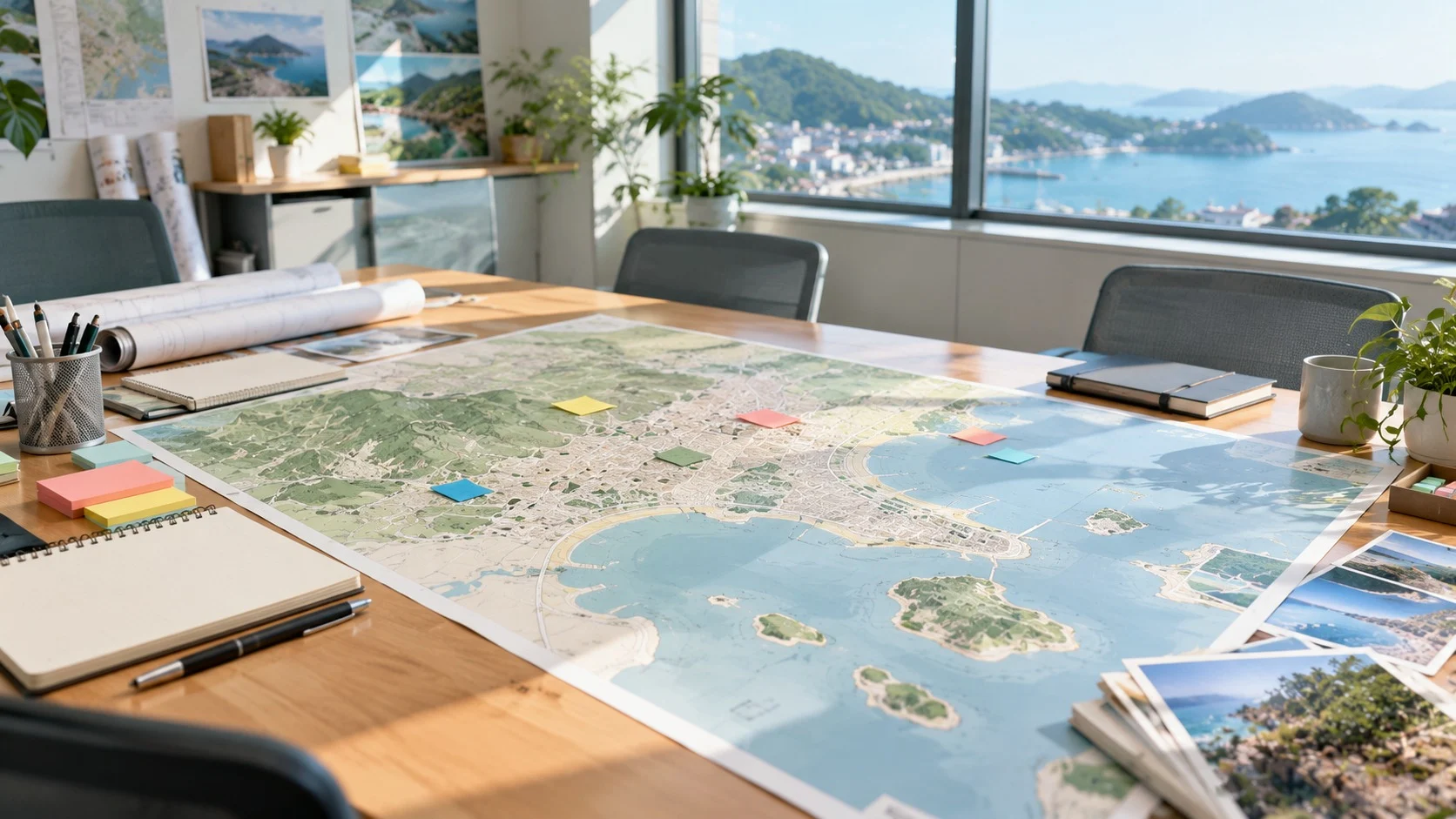 A blank map of a coastal town and note-taking supplies on a table in a bright meeting room, calling to mind a plan for managing tourist crowding