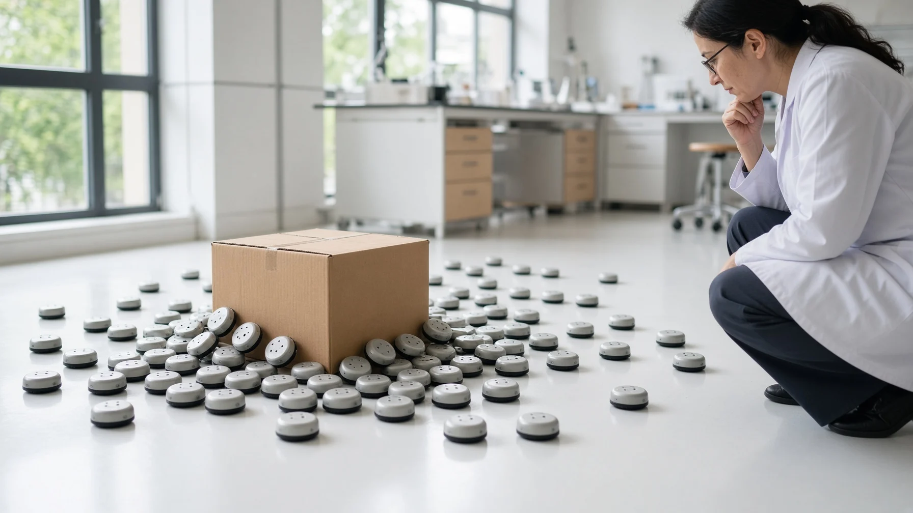 明るい研究室の床で、カップのふたほどの小さな円形ロボット数十台が集まって大きな段ボール箱を一緒に押し、研究者が端に座って見守っている様子