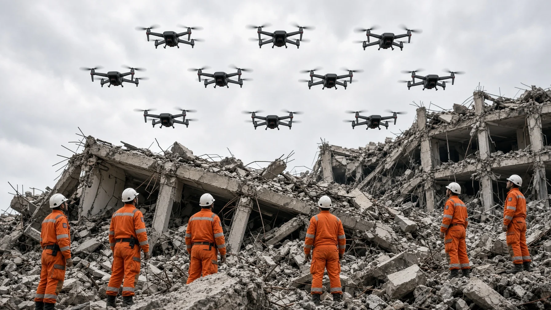 地震で崩れたコンクリートの建物の現場の上を小さなドローン数機が碁盤の目のように並んで低く飛び、オレンジ色の服を着た救助隊員たちが離れた場所から見上げている様子