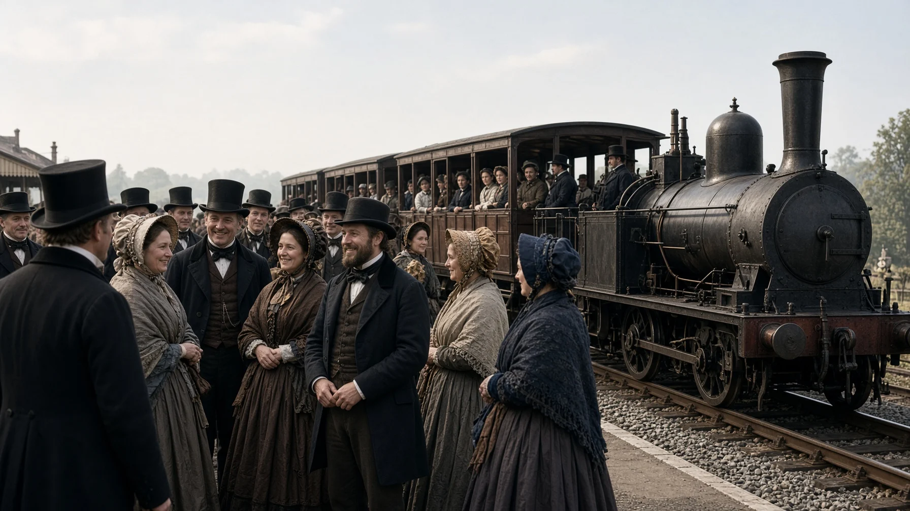 1840年代のイギリスの駅のプラットホームに、ヴィクトリア朝の服装をした一般の男女が集まり、初期の蒸気機関車と客車のそばで団体旅行に出発する準備をしている様子
