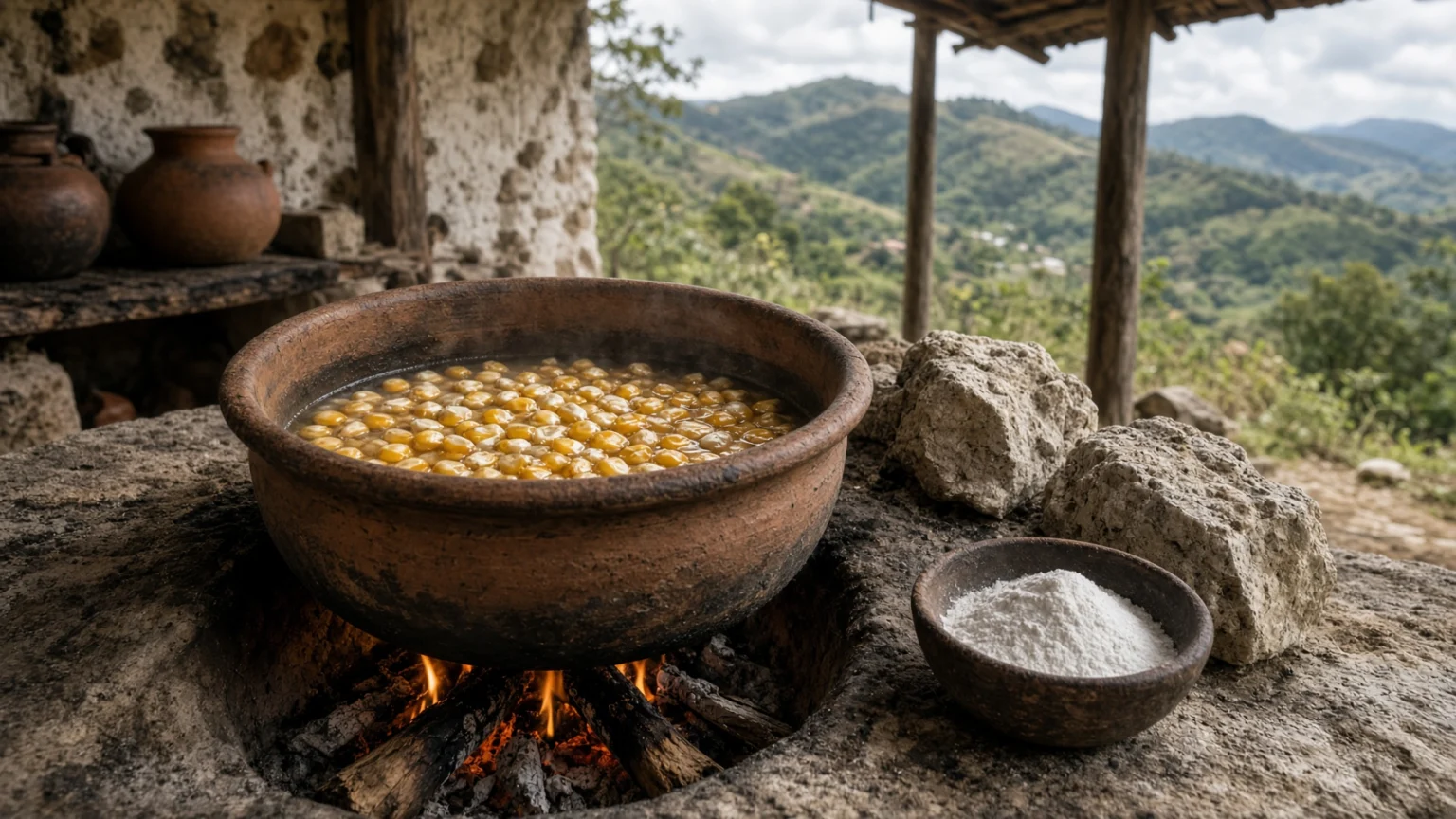 メキシコの田舎の村にある伝統的な屋外の台所で、薪の火にかけた大きな土鍋の中で黄色と白の乾燥トウモロコシの粒が煮え、そばに白い石灰岩のかけらと消石灰の器が置かれている様子