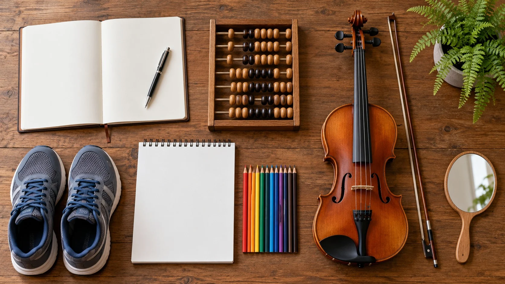 Nhìn từ trên xuống một chiếc bàn gỗ với cuốn vở trắng và bút, bàn tính, đàn violin, đôi giày thể thao, bút chì màu và cuốn sổ phác thảo trống, một chậu dương xỉ nhỏ và chiếc gương cầm tay được xếp ngay ngắn