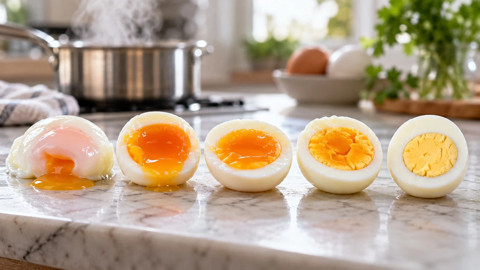 A row of eggs cooked to different degrees on a bright stone slab, from soft eggs with runny yolks to hard-boiled eggs with firmly set yolks