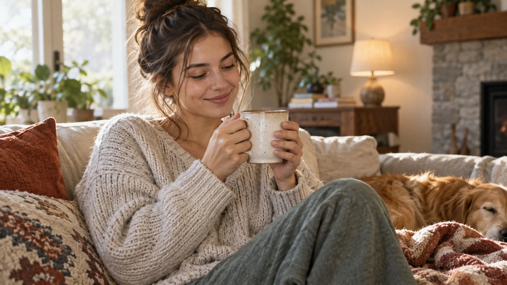 A woman on a cozy living-room sofa, holding a familiar mug in both hands and smiling gently