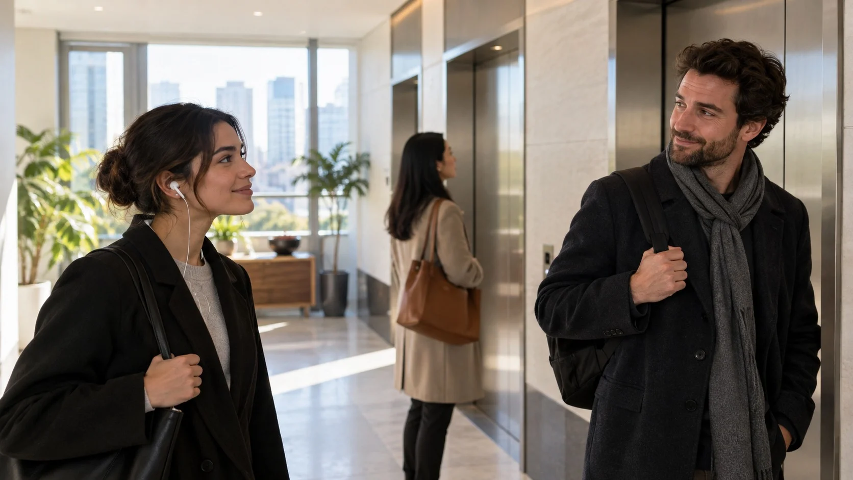 In front of a bright apartment elevator, two neighbors who run into each other every morning exchange a light greeting