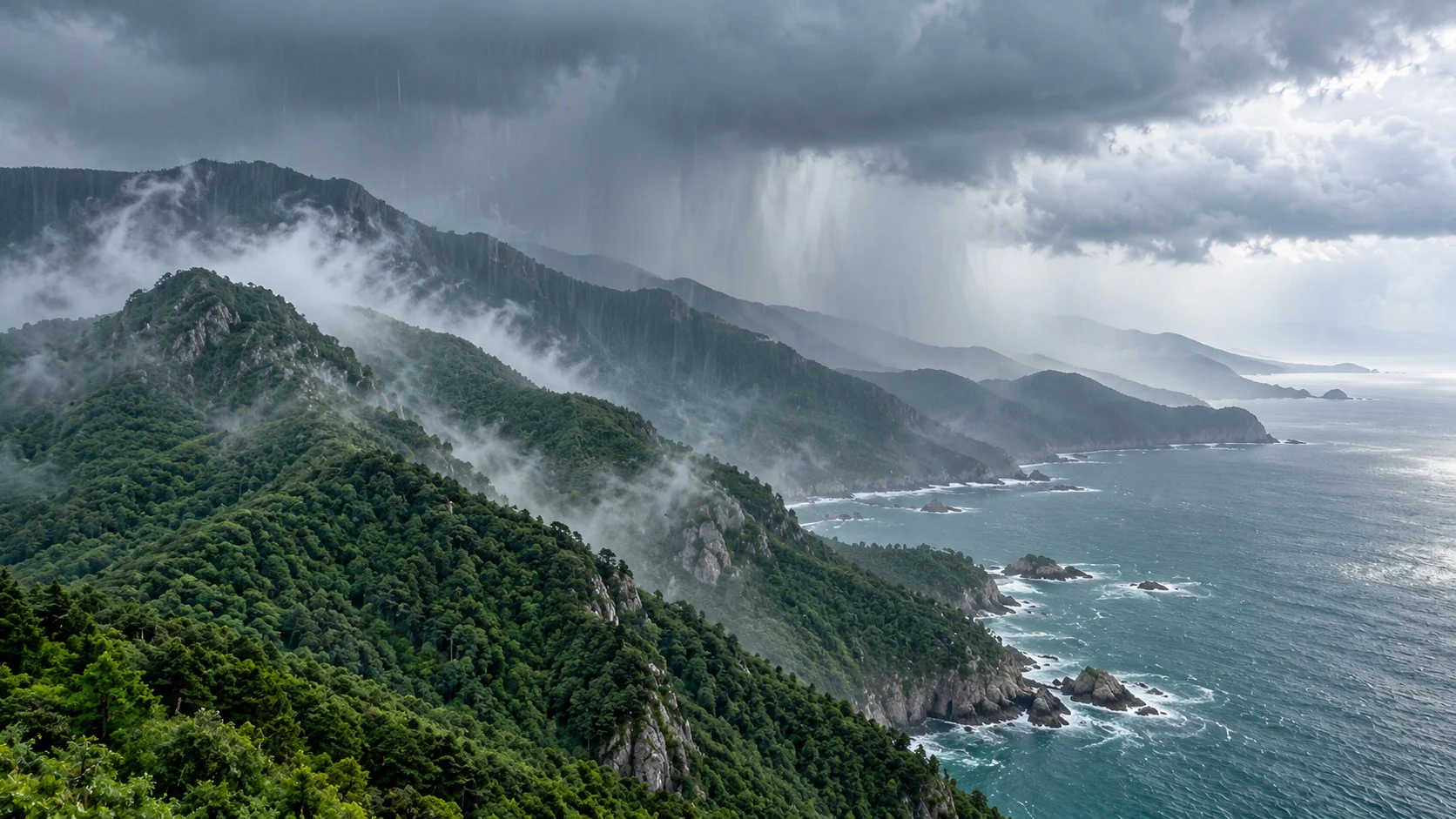 雨雲が森に覆われた険しい海岸山脈にかかり、山の斜面に霧が立ちのぼり、緑の丘の上に雨が降り注いでいる様子