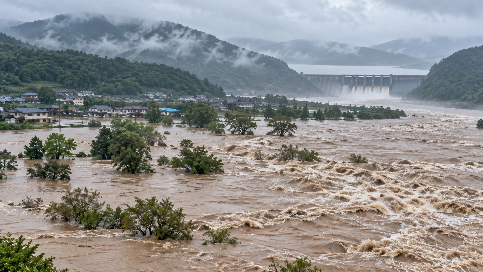 豪雨のあと増水した濁流の川が小さな村の近くで堤防をあふれ、遠くに水をいっぱいにたたえた貯水池のダムが見える様子