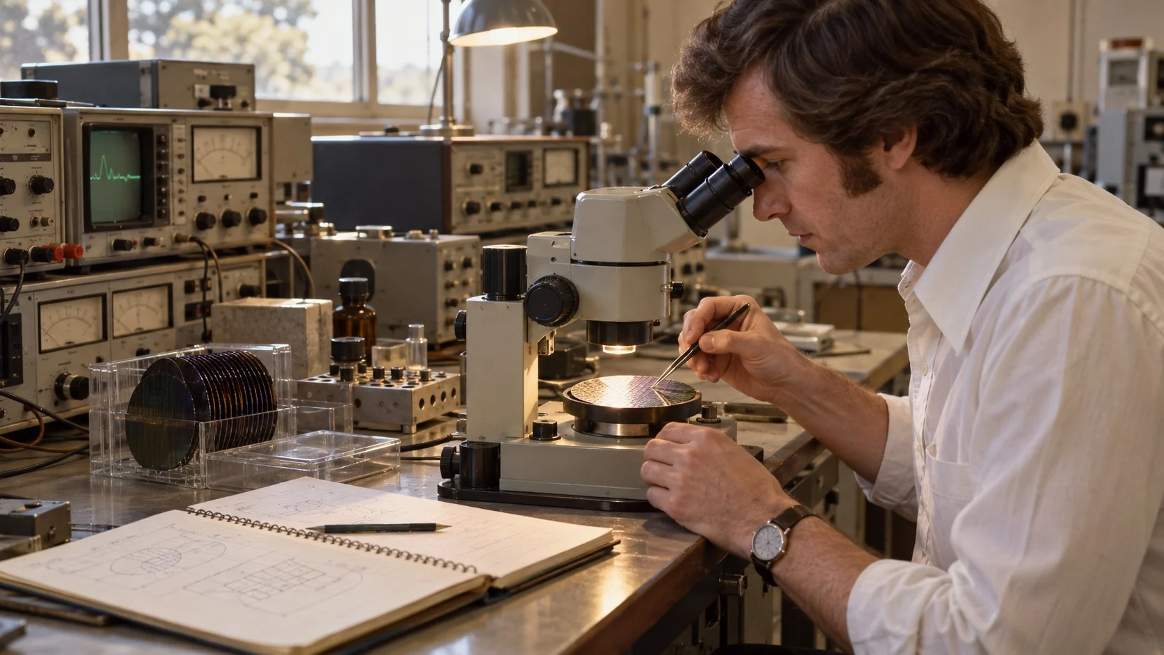 A researcher in a 1970s semiconductor lab examining a small silicon wafer with tweezers under a microscope