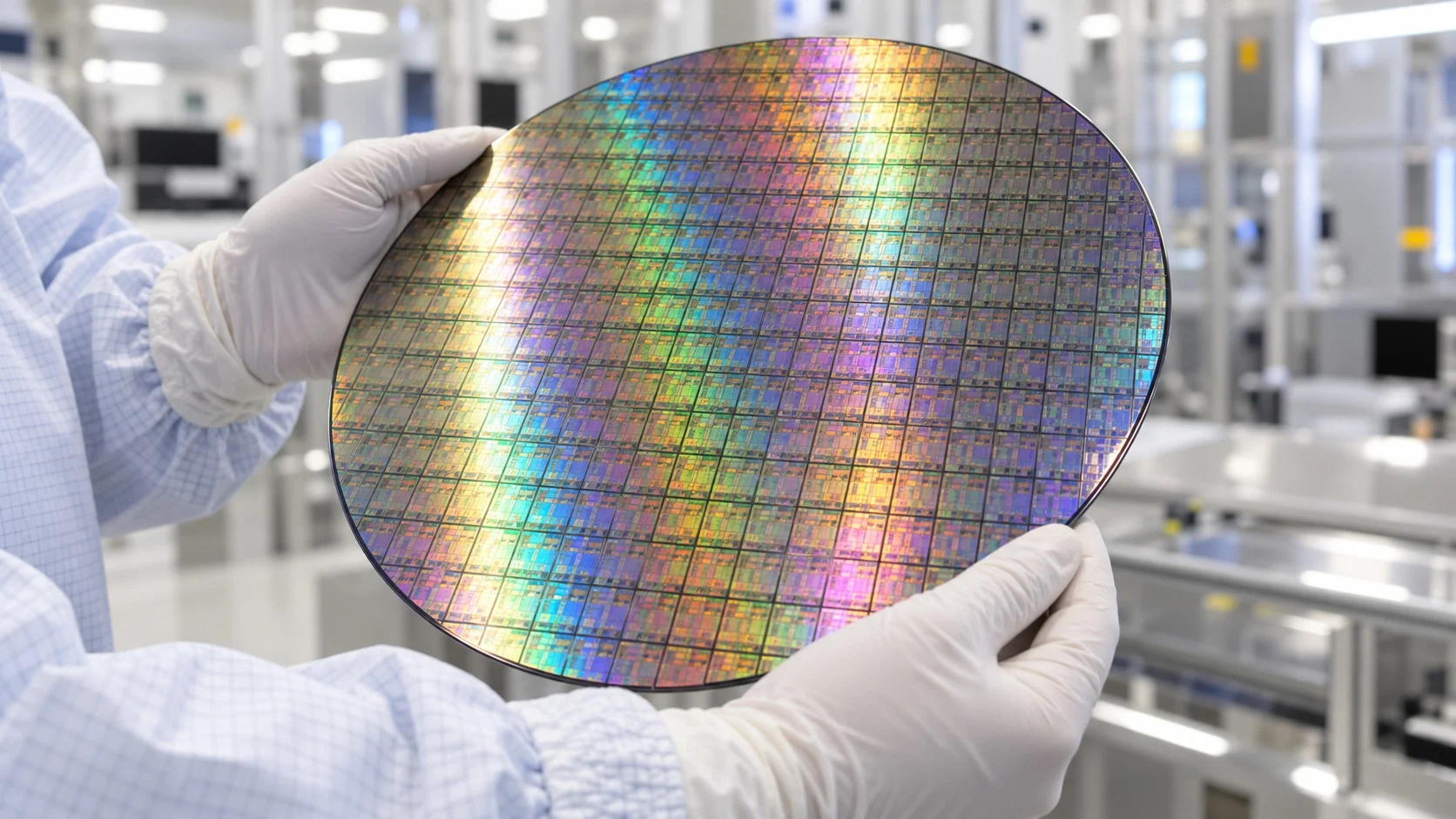 A gloved hand in a clean room holding a silicon wafer densely patterned with chips at an angle, reflecting rainbow colors