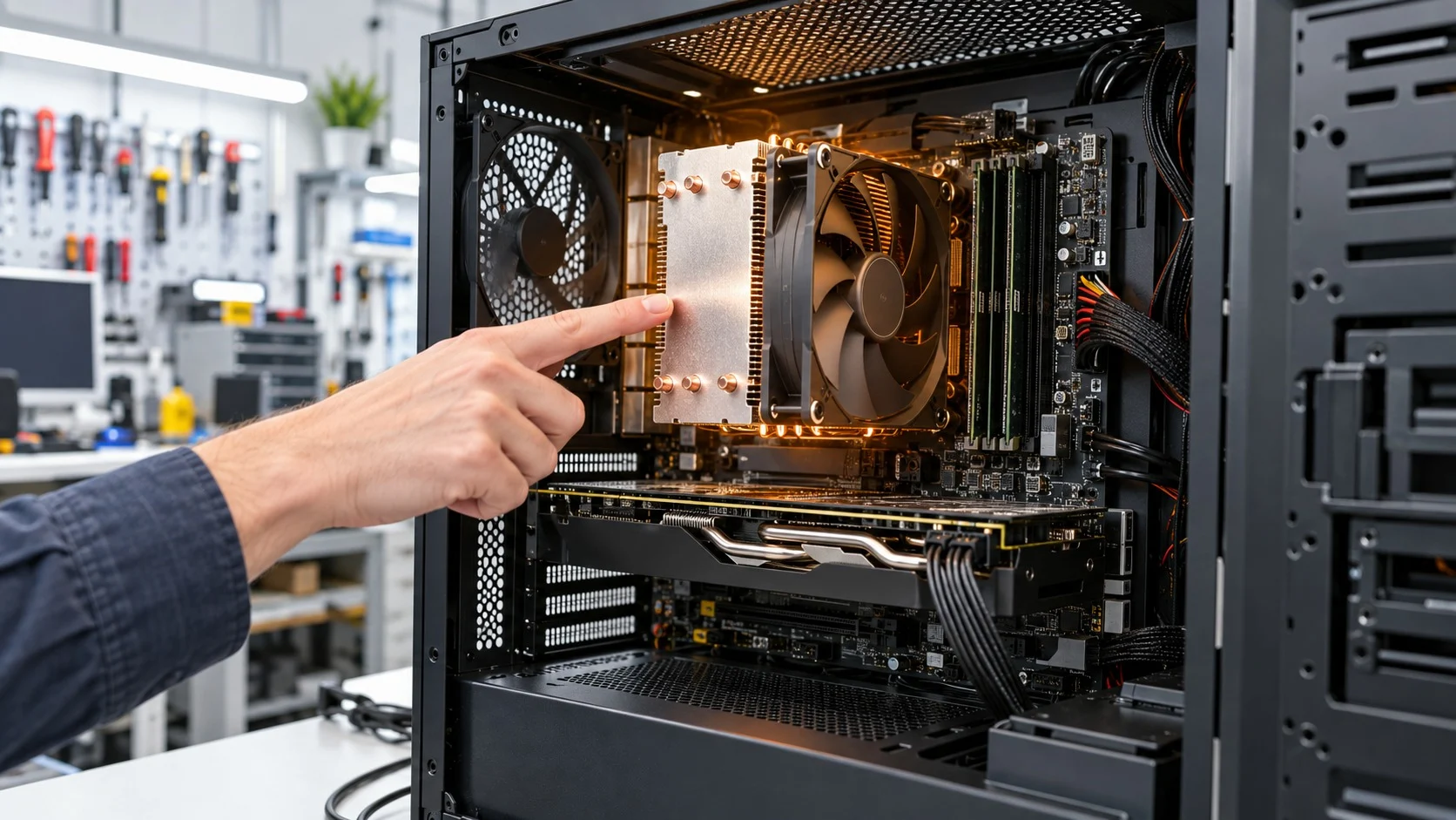An open desktop computer with a large metal heat sink and cooling fan mounted on the processor, with a technician pointing at it