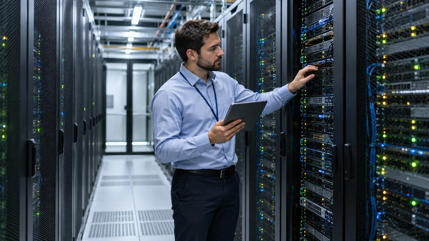 An engineer holding a tablet and checking equipment in a data center aisle lined with rows of server racks