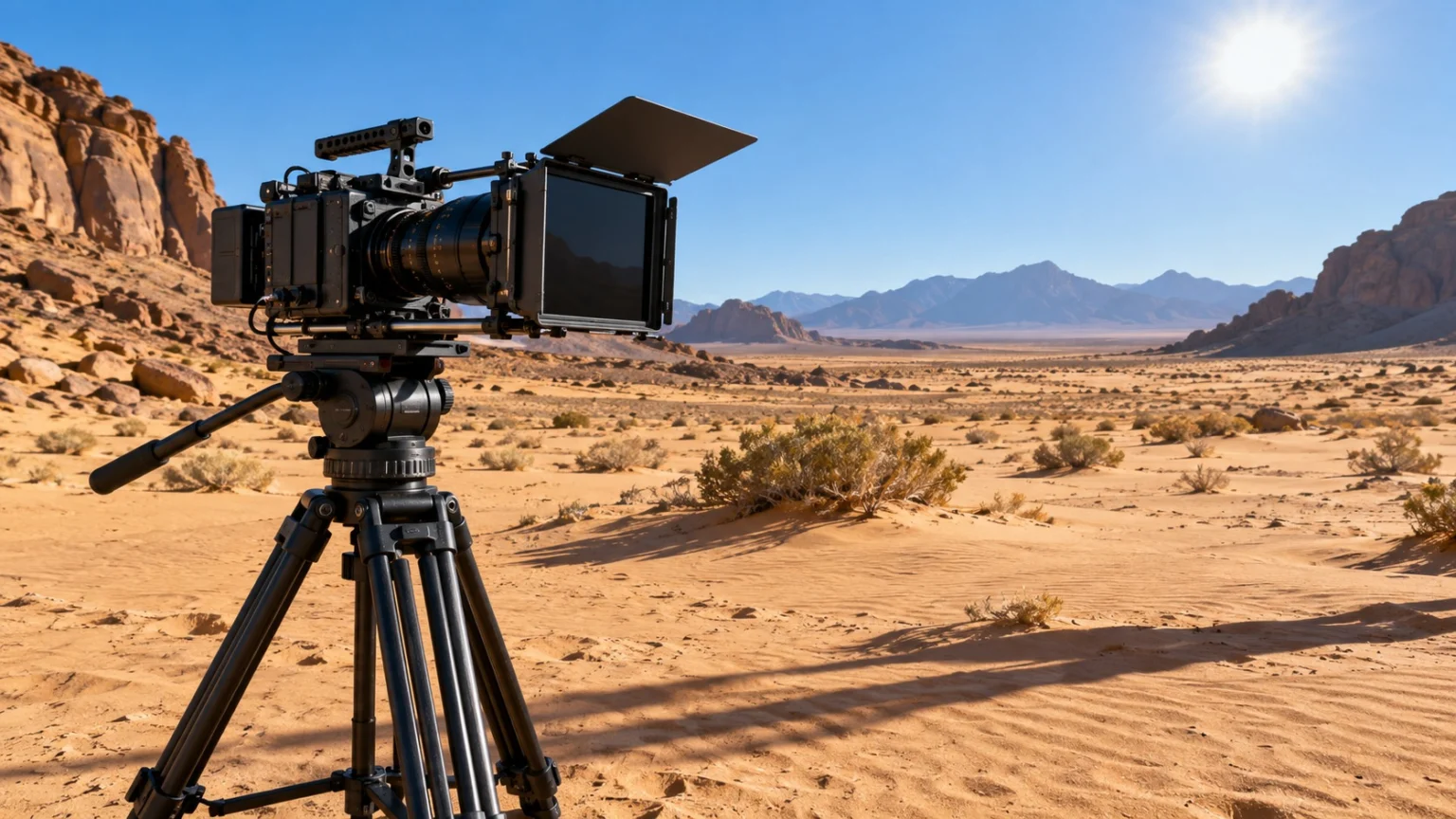 A film camera with a dark ND filter fitted in front of its lens standing on a tripod in a wide desert at midday