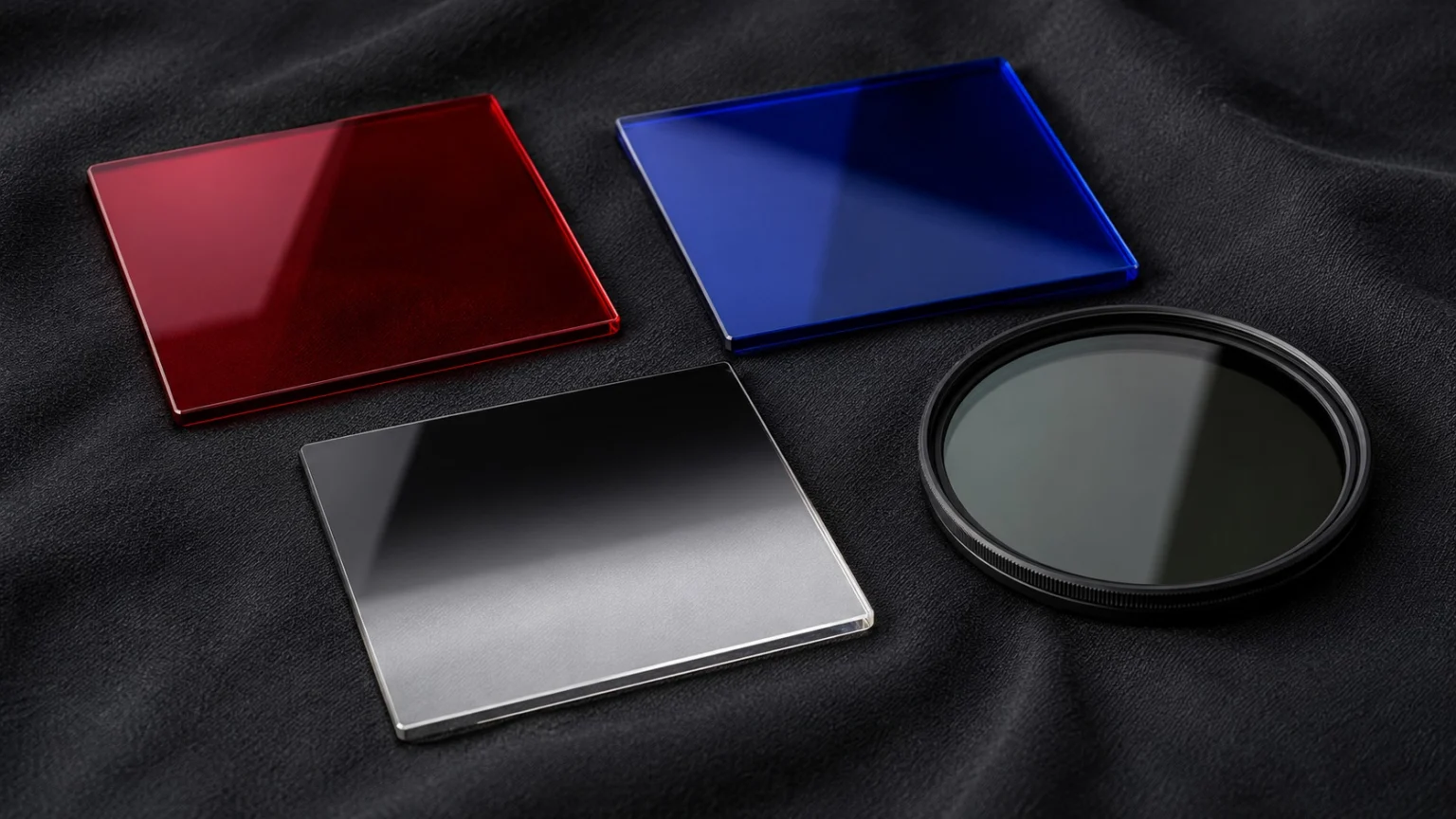 A red filter, a blue filter, a graduated filter darkened only at the top, and a circular polarizing filter laid side by side on a dark cloth