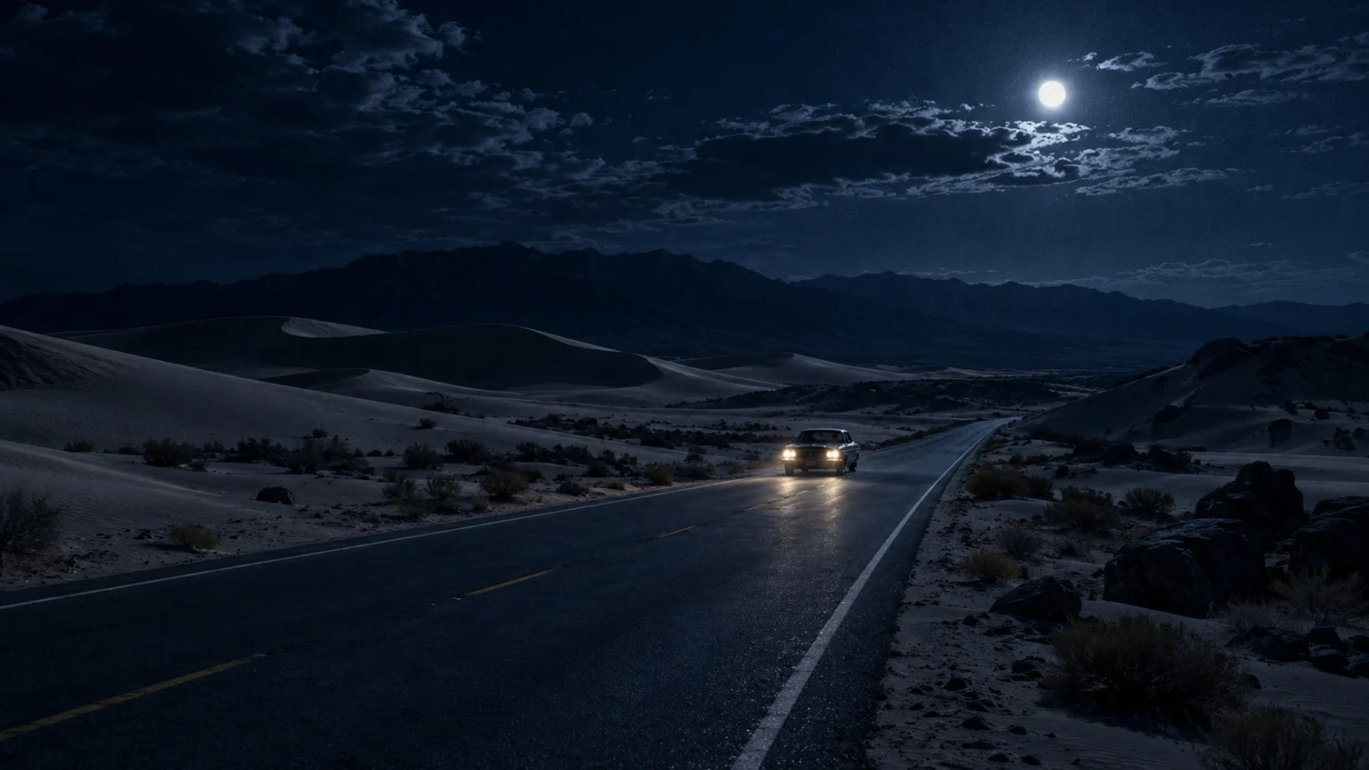 A night-like scene of a desert road darkened like blue moonlight, with a single car with its headlights on in the distance