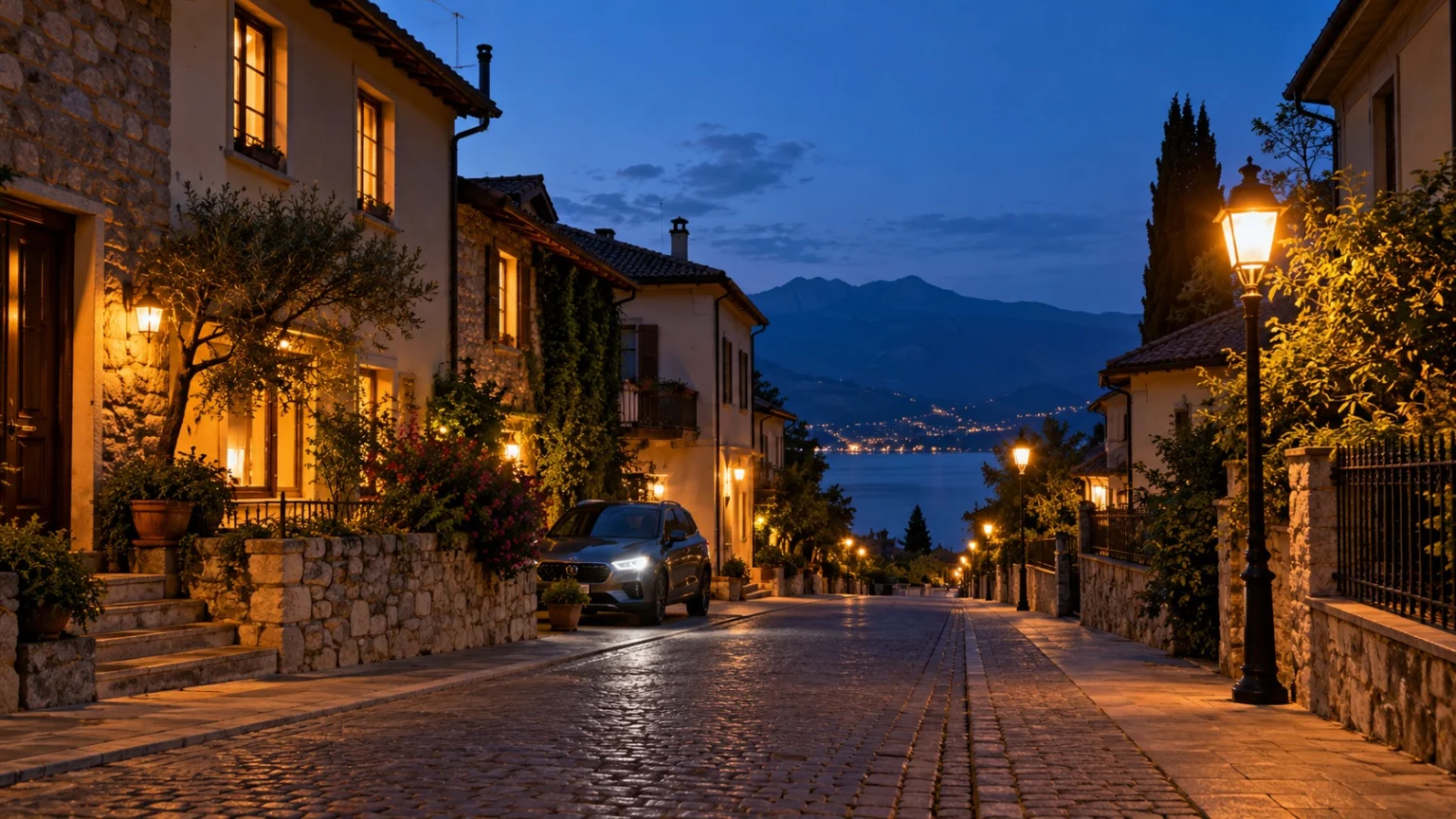 A quiet small-town street at dusk under a deep blue sky, with streetlights, house window lights, and a car with its headlights on