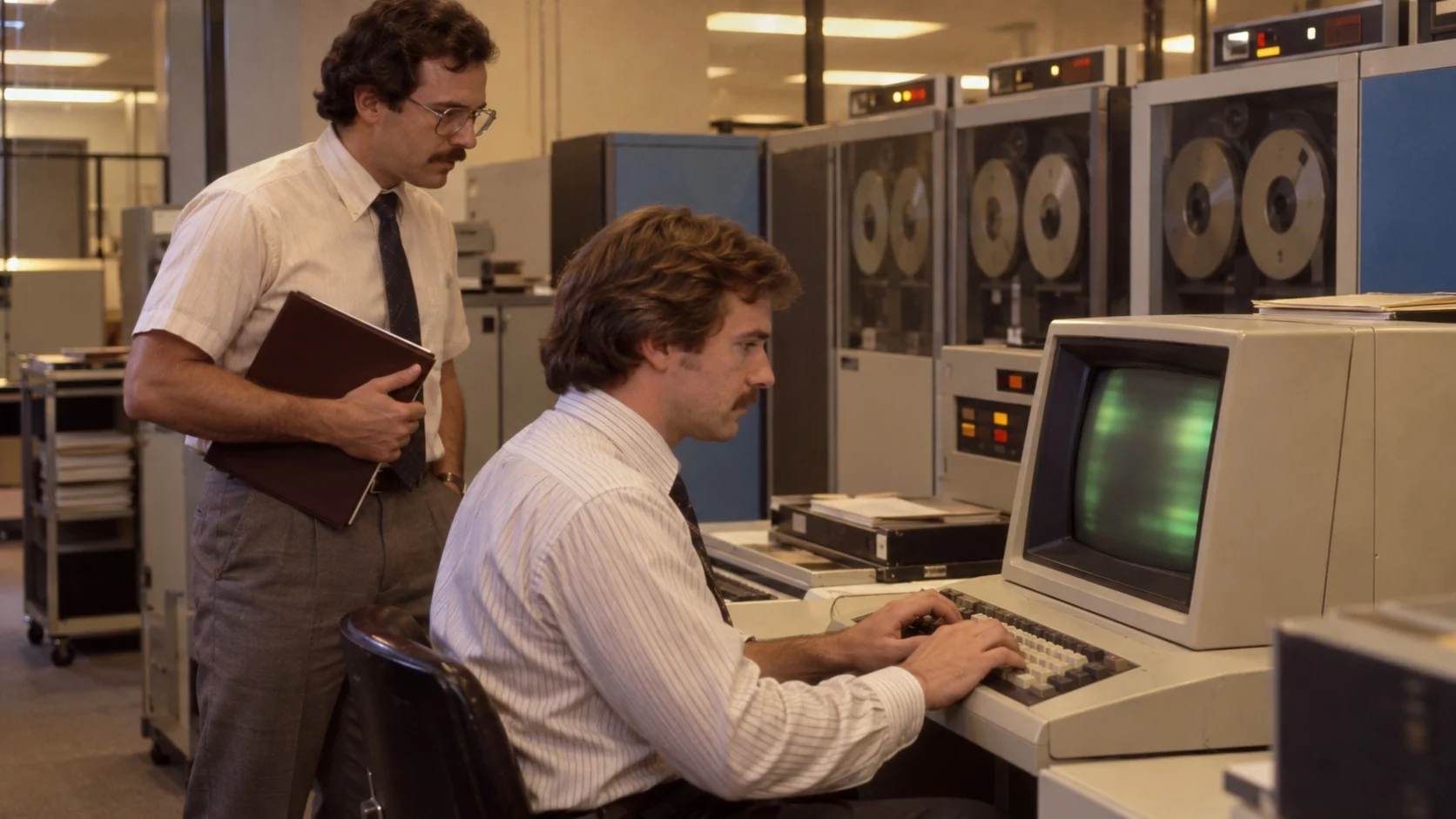 1980年代のオフィスのコンピューター室で、プログラマーが緑色の画面の端末のキーボードを打ち、半袖シャツ姿のエンジニアがバインダーを持ってそばで見守る場面