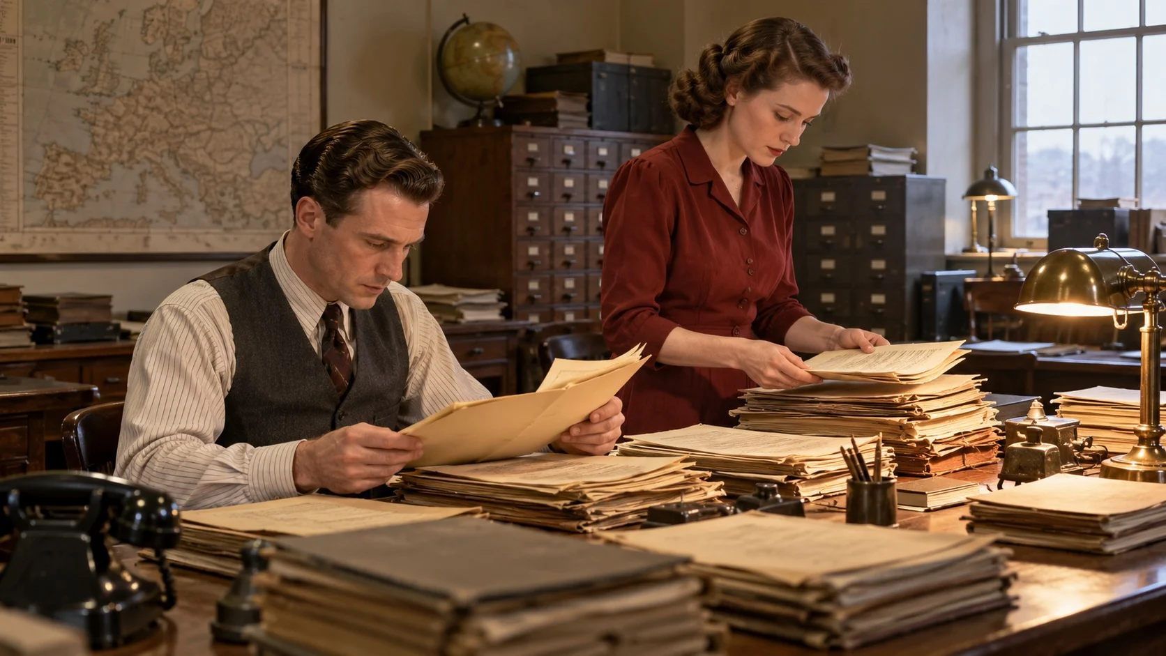 1940年代の雰囲気のオフィスで、二人の分析官が長いテーブルの上に積まれた古い書類綴じを見比べている様子