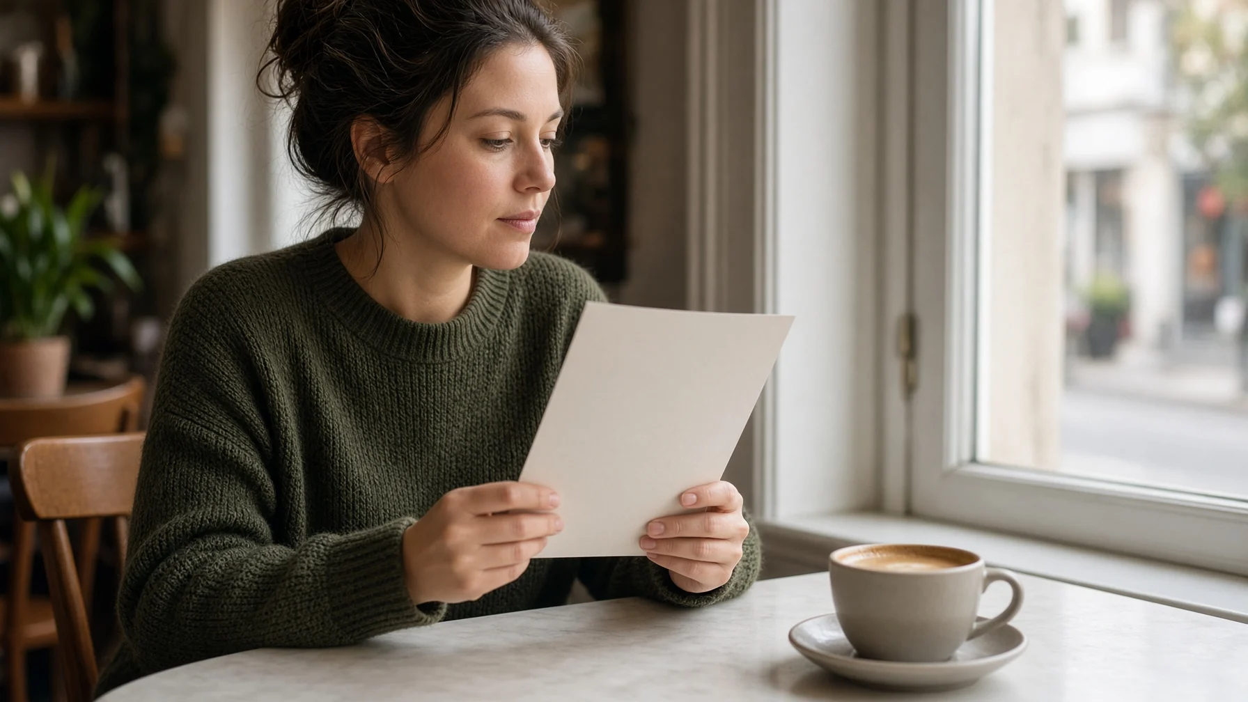 A person seated at a sunlit café table, a cup of coffee beside them, calmly studies a menu held in both hands