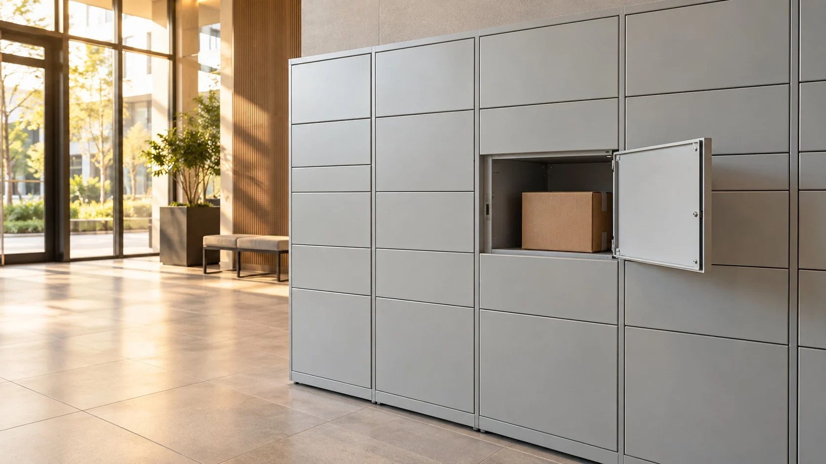 Rows of light gray parcel lockers in a bright building lobby, with one door open and an unmarked box inside the compartment
