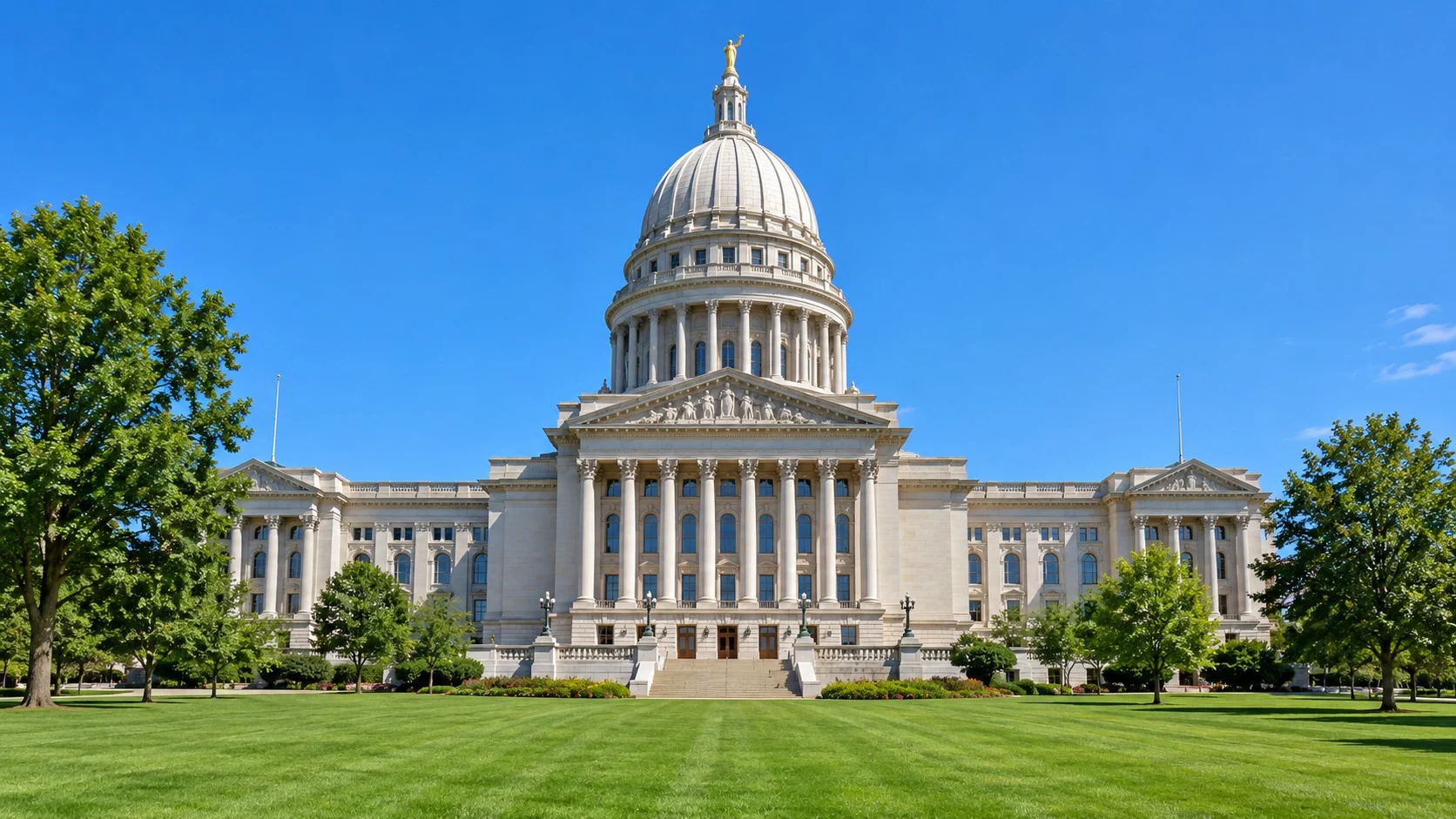 晴れた空の下、広い芝生の向こうに大きなドームを載せたアメリカ中西部の州議会議事堂が建っている様子