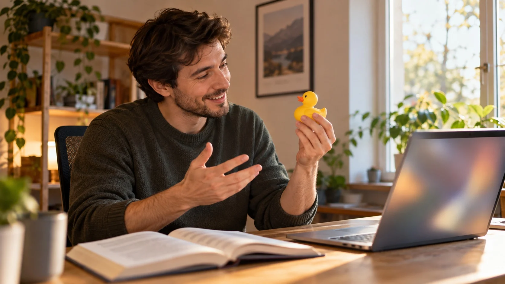 A developer holding a rubber duck toy, smiling as they explain something to the duck at a cozy study desk with a laptop and an open book
