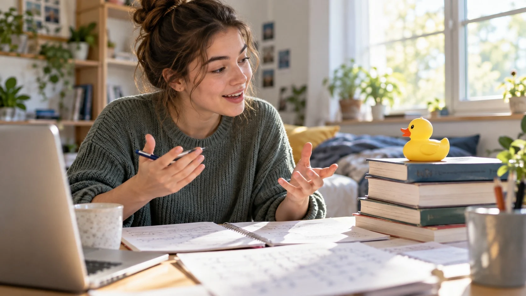 In a bright study room, a college student explains a problem solution out loud to a rubber duck placed on top of a pile of textbooks