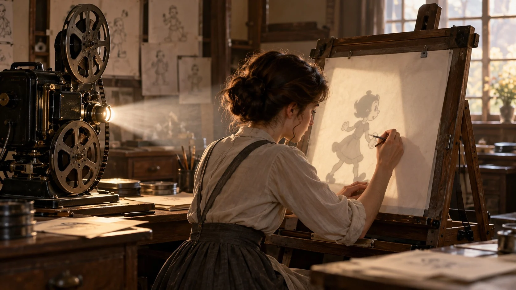 1910年代風の作業場で、古い映写機がガラスの作業台に光を当て、アニメーターがその上の紙に鉛筆で輪郭をなぞる様子