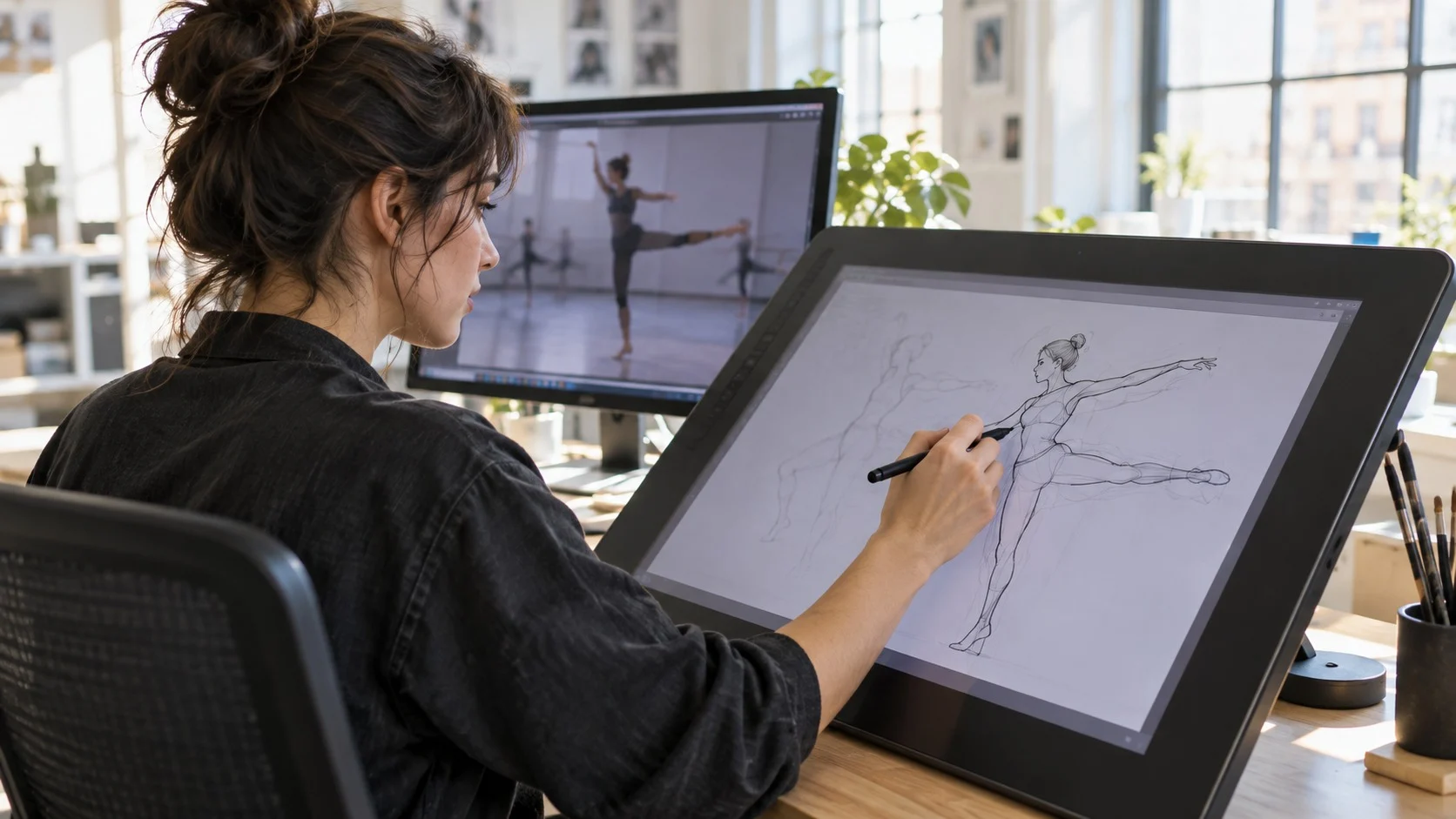 明るい作業場で、アニメーターが大型の液晶ペンタブレットにスタイラスで実写映像のダンサーの輪郭をなぞる様子
