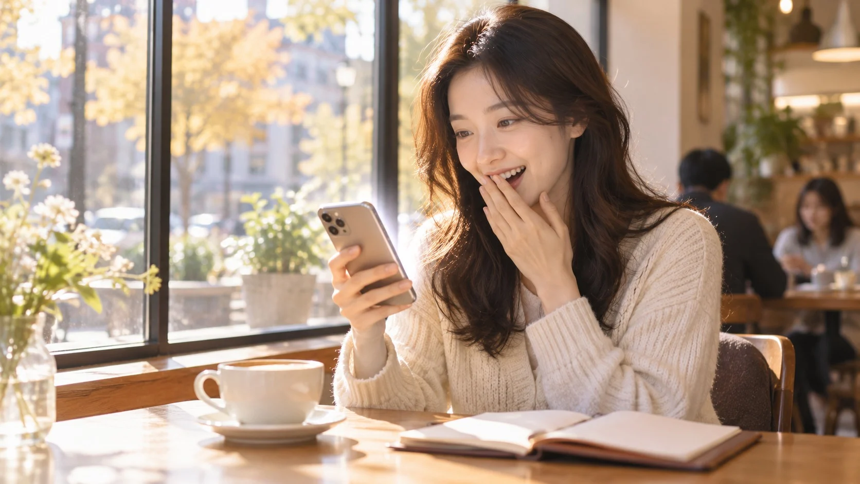 Một người phụ nữ ngồi bên cửa sổ quán cà phê sáng sủa, nhìn chiếc điện thoại đang đổ chuông và mỉm cười ngạc nhiên vui mừng, trên bàn có cuốn sổ tay và tách cà phê