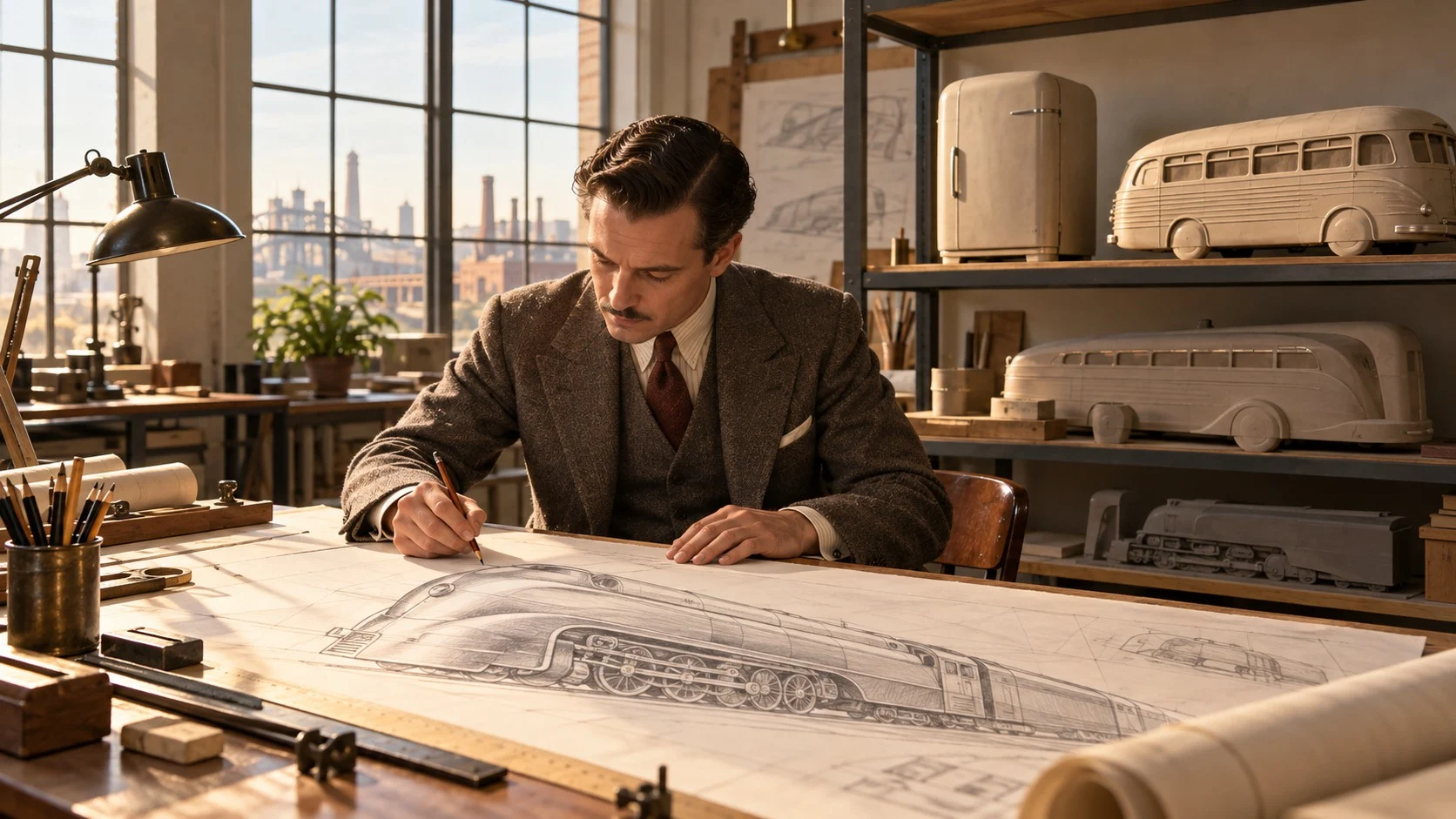 日差しの入る1930年代風のデザイン工房で、デザイナーが製図台で流線型の機関車をスケッチし、後ろの棚に丸みを帯びた冷蔵庫とバスの粘土模型が置かれている様子