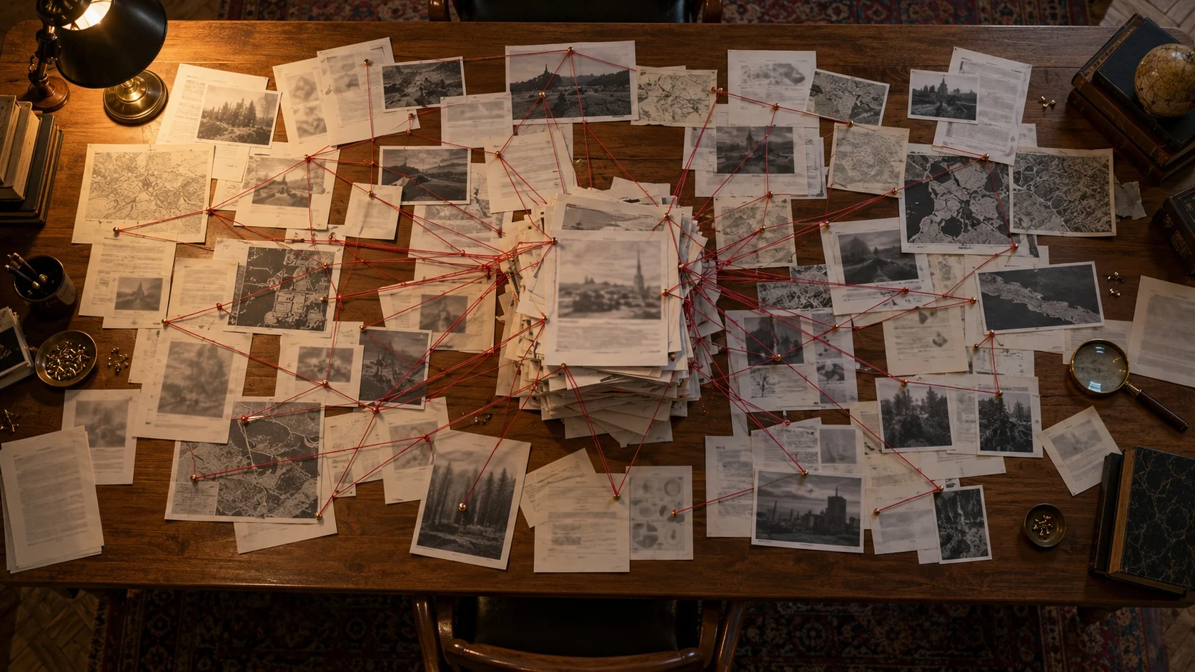 Seen from above, printed papers on a wooden library table are connected by red threads, with most of the threads gathering on a few papers stacked high in the middle and almost no threads reaching the papers at the edges