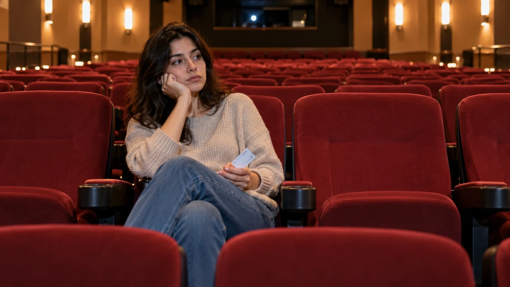 ほとんど誰もいない明るい映画館に一人で座り、片手で頬杖をつき、もう片方の手にチケットを握って退屈そうな表情を浮かべる観客