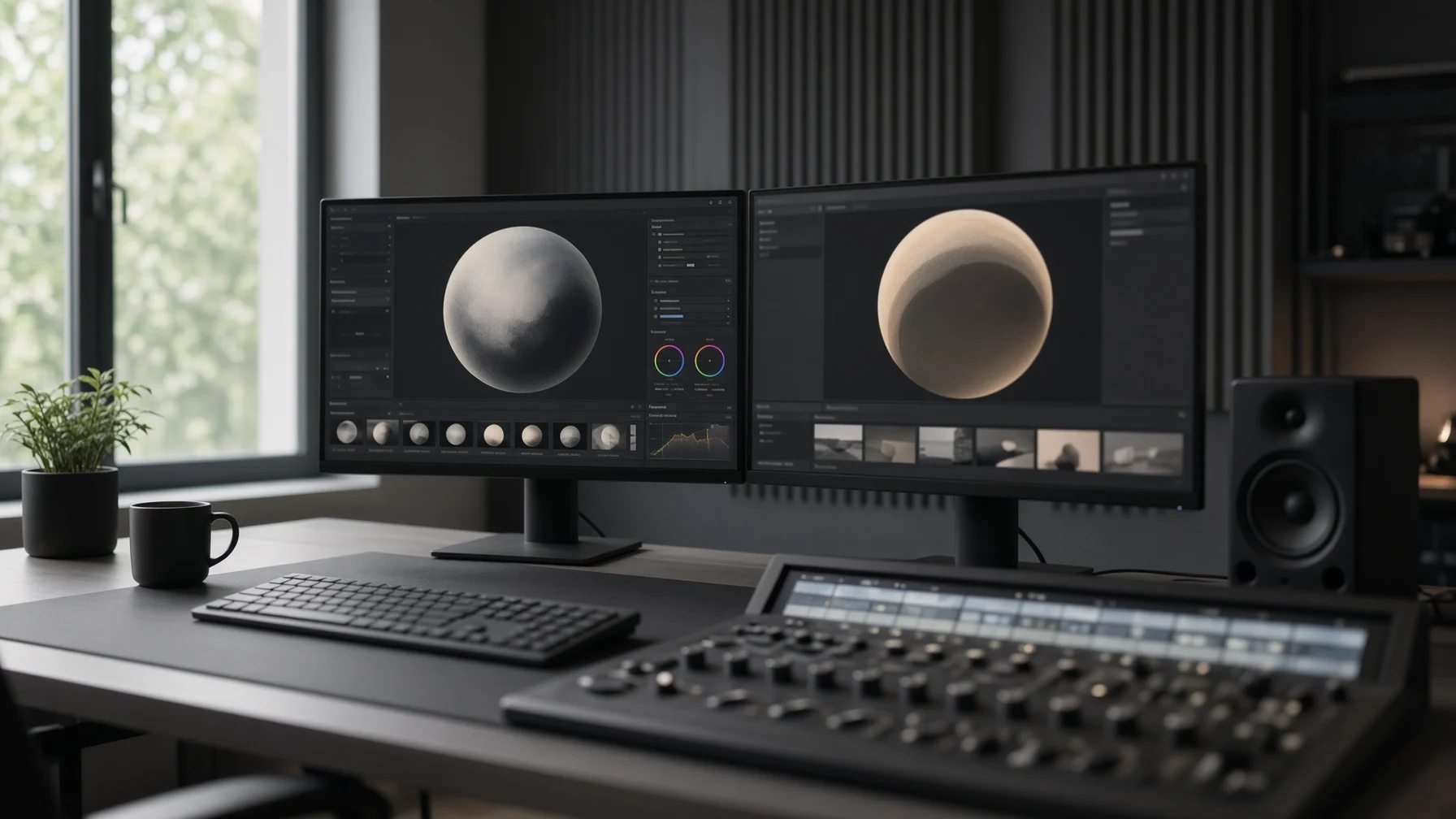 Two monitors side by side in a bright editing suite, each showing a similar round composition