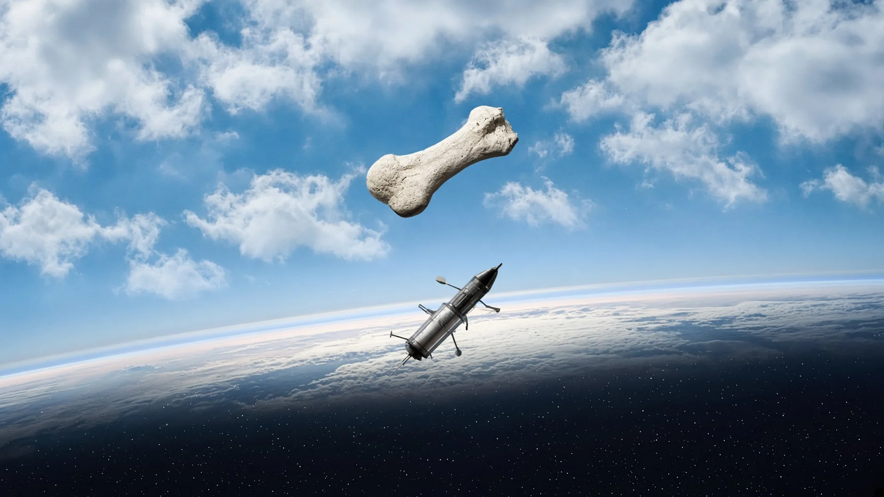 A long bone-like form tumbling against a blue sky matched with a slender satellite form gliding below in space