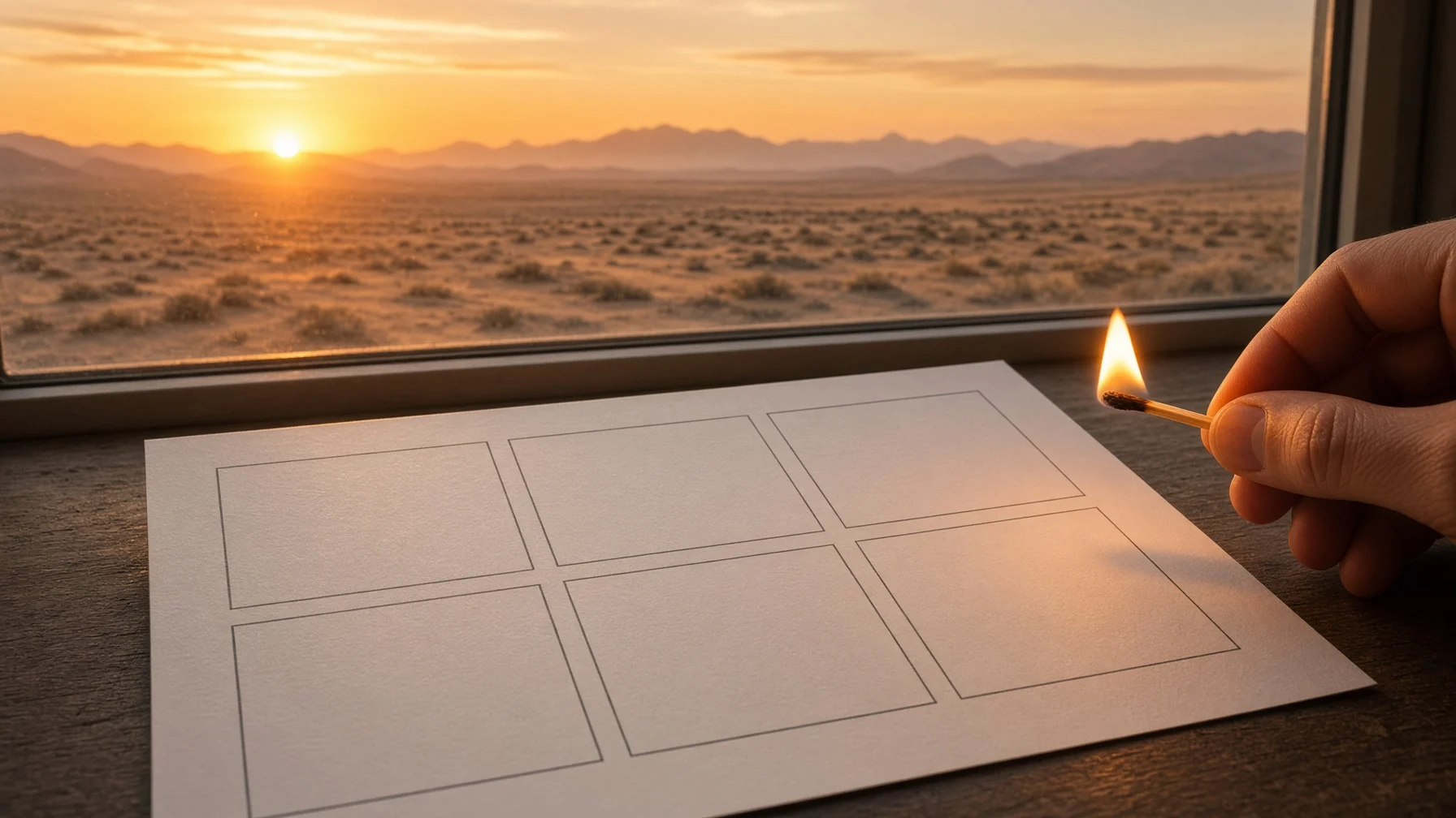 A bright workspace with a match flame beside a blank storyboard and a desert sunrise outside the window