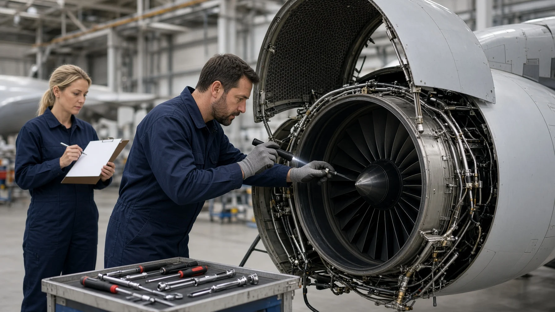 In an aircraft maintenance hangar, a mechanic in coveralls shines a flashlight to carefully inspect the parts of an open jet engine, while a colleague beside him holds a clipboard with a blank checklist and tools lie neatly arranged on a tray
