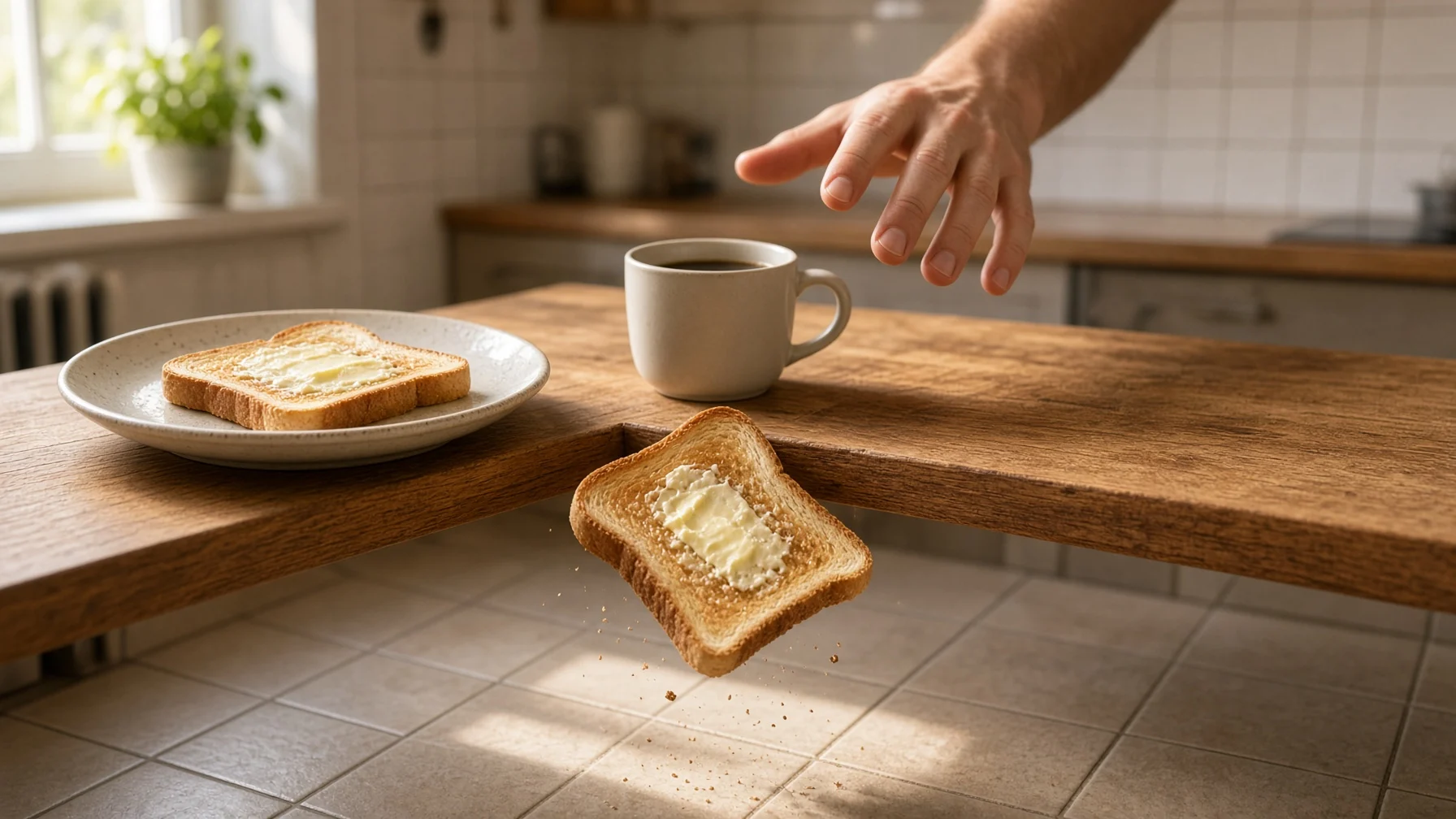 In a sunlit kitchen, a slice of buttered toast slides off the edge of a wooden table toward the tiled floor, captured as if frozen in midair, while a hand reaches out too late past a plate and mug on the table
