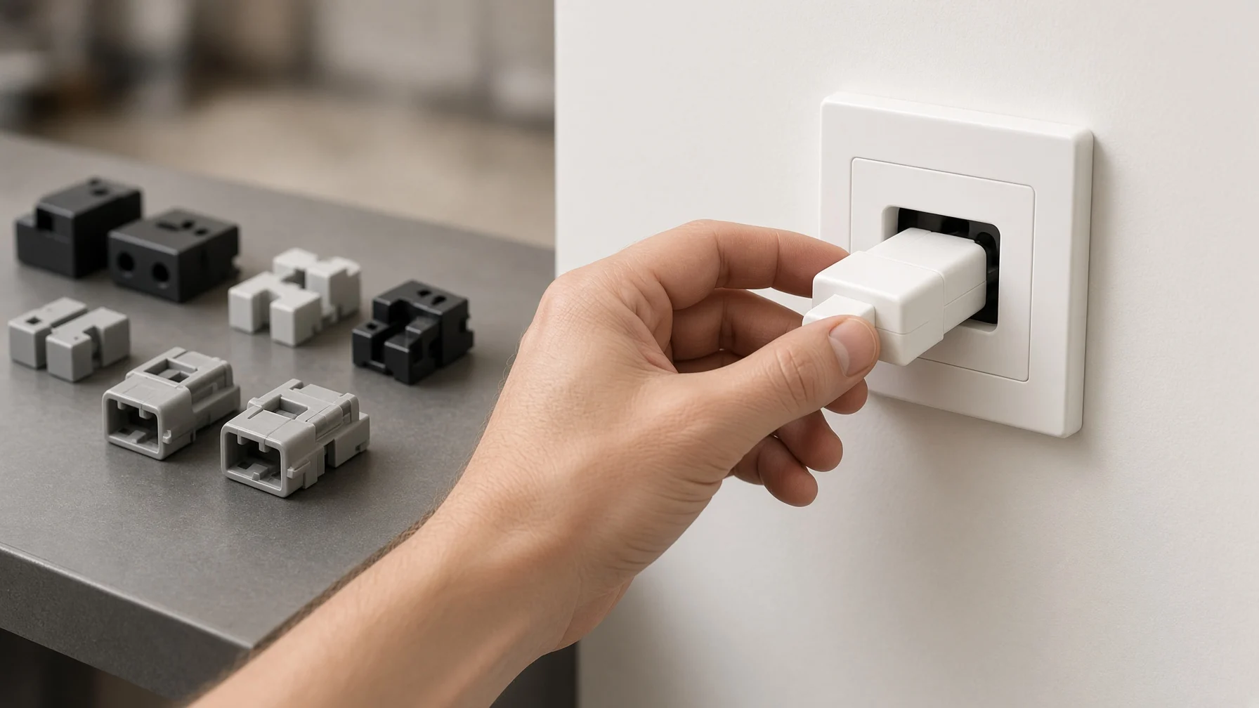 A hand plugs a British three-pin plug, made to fit in only one direction, into a wall socket, while asymmetrical connectors and parts that fit only one way lie on a workbench beside it