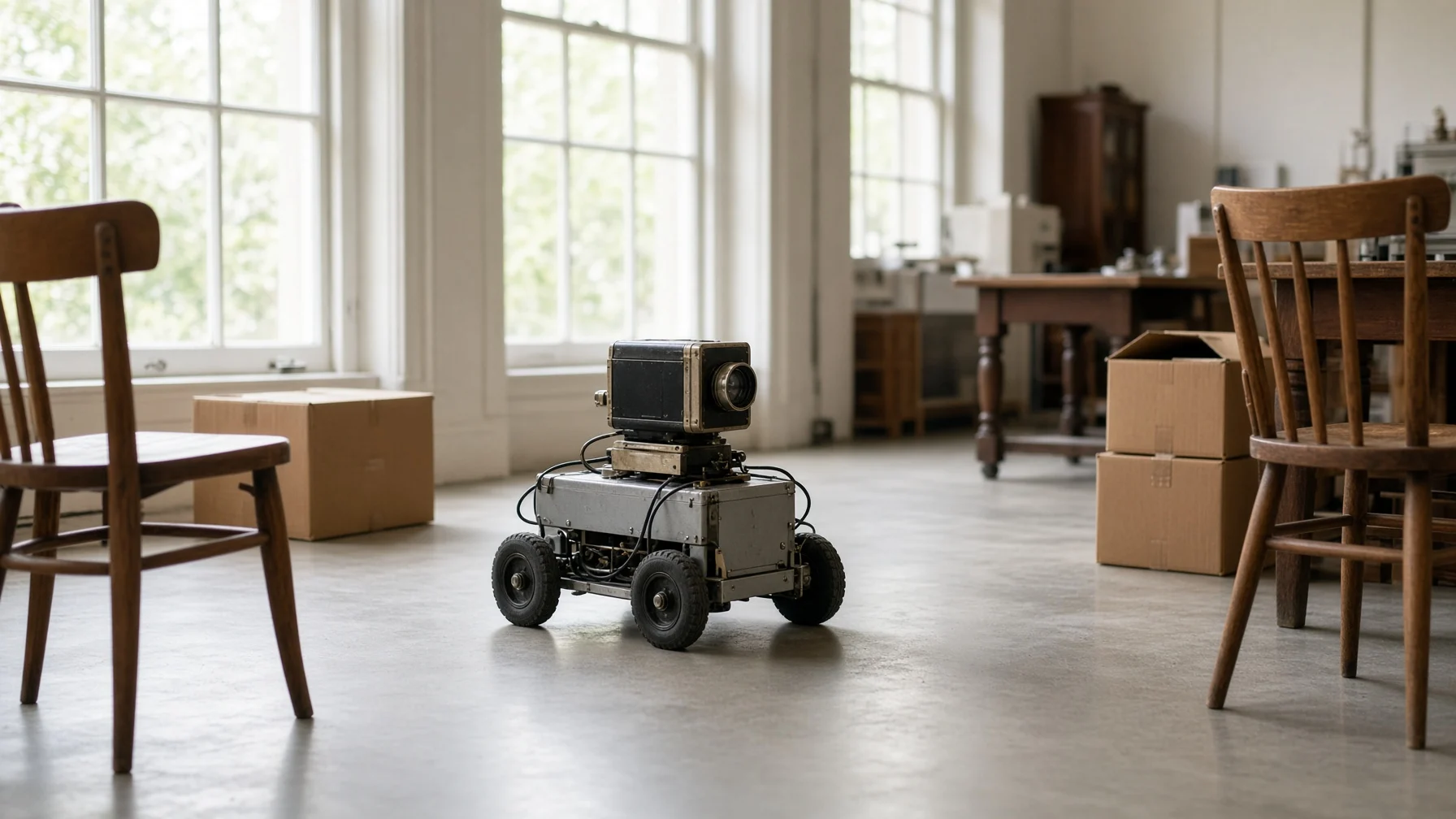 A small wheeled robot fitted with a camera finding its way between chairs and boxes on the floor of a bright laboratory