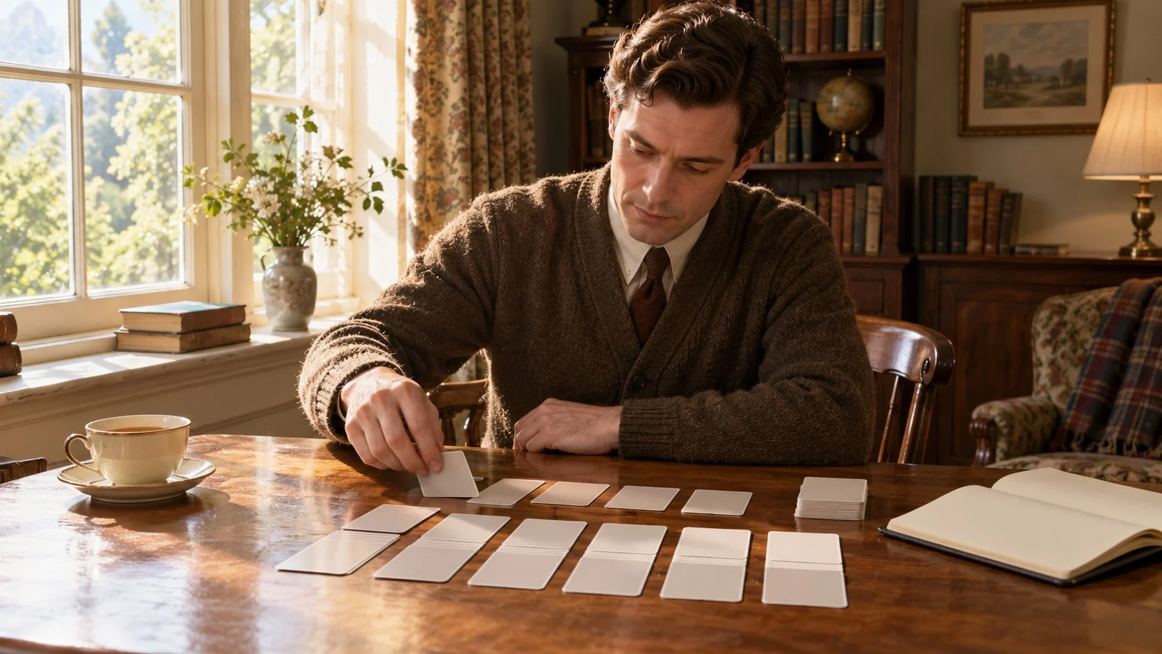日差しの入る窓辺の1940年代風の部屋で、カーディガンを着た男性が木のテーブルにカードを並べて一人遊びをしている様子