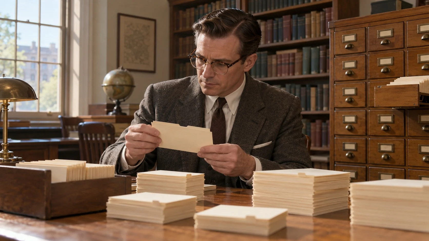 1950年代風の資料室で、眼鏡をかけた男性が木のテーブルの上で縁に穴の開いた索引カードの束を調べている様子