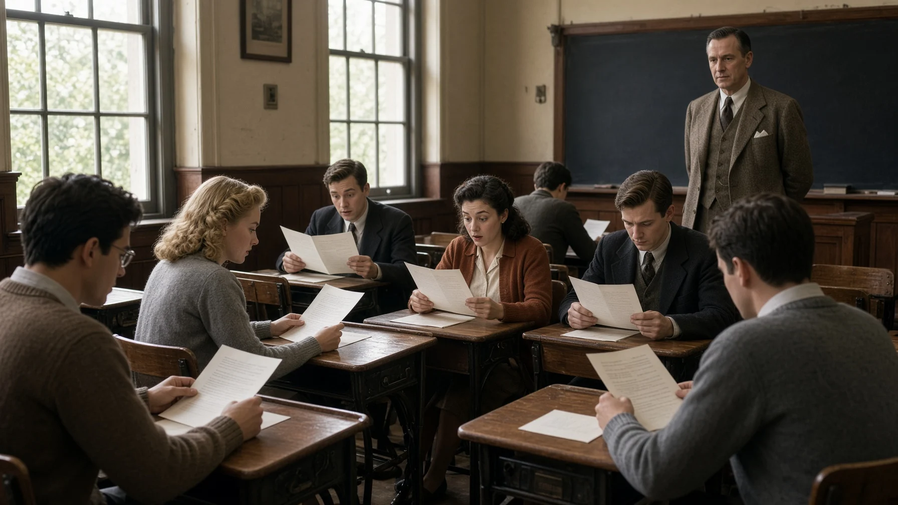 1940年代美国大学的教室里，学生们坐在木桌前，带着惊讶的表情阅读每人一张一模一样的纸，黑板前站着一位身穿西装的教授
