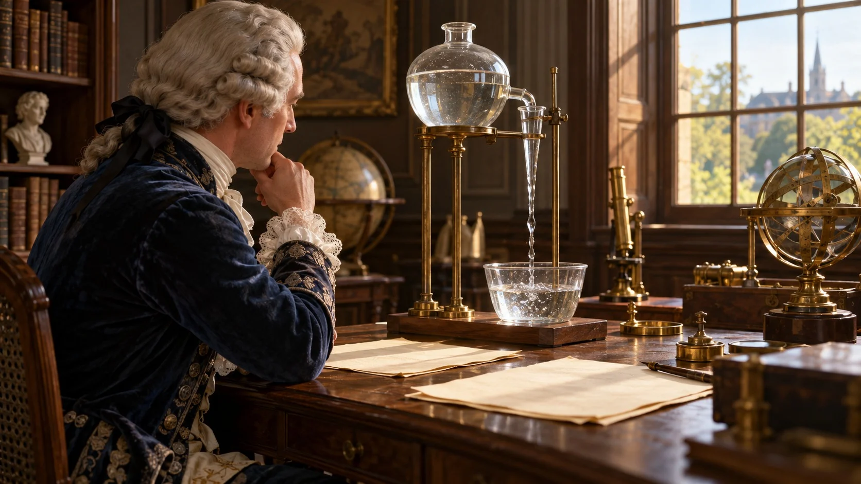 In an 18th-century scholar’s study, a man in a wig watches water flow from a glass vessel on his desk into a narrowing glass tube
